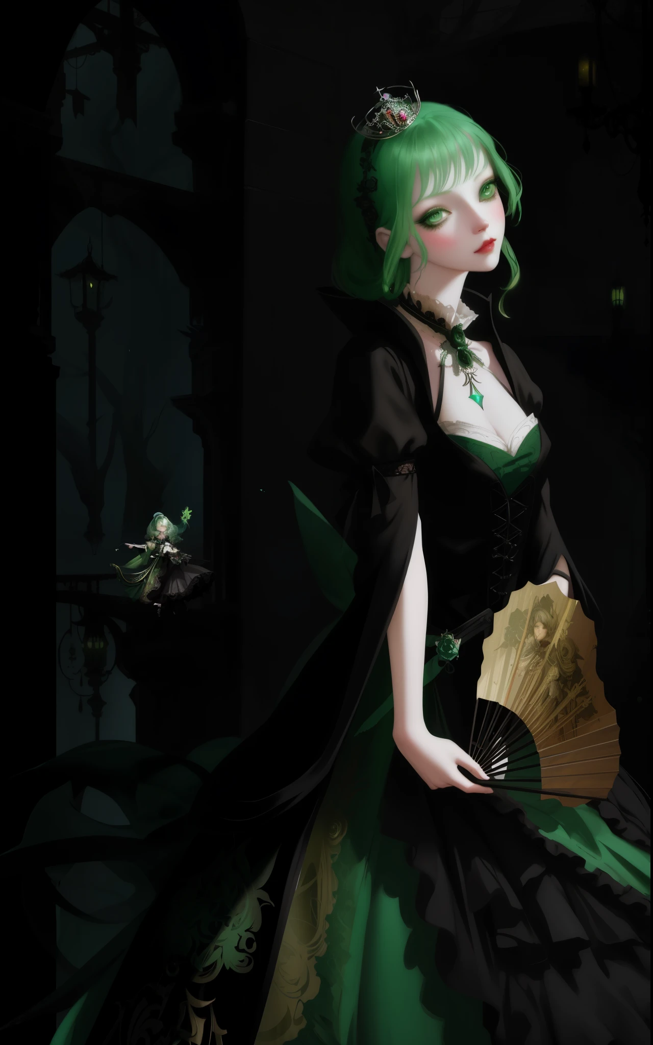 There is a doll，Wear green clothes，holding a fan, inspired by Ray Caesar, elegant digital art, Beautiful digital illustrations, guweiz style artwork, beautiful fantasy queen, Gurwitz Masterpiece, Elegant Gothic princess, guweiz, ((beautiful fantasy queen)), rococo cyberpunk