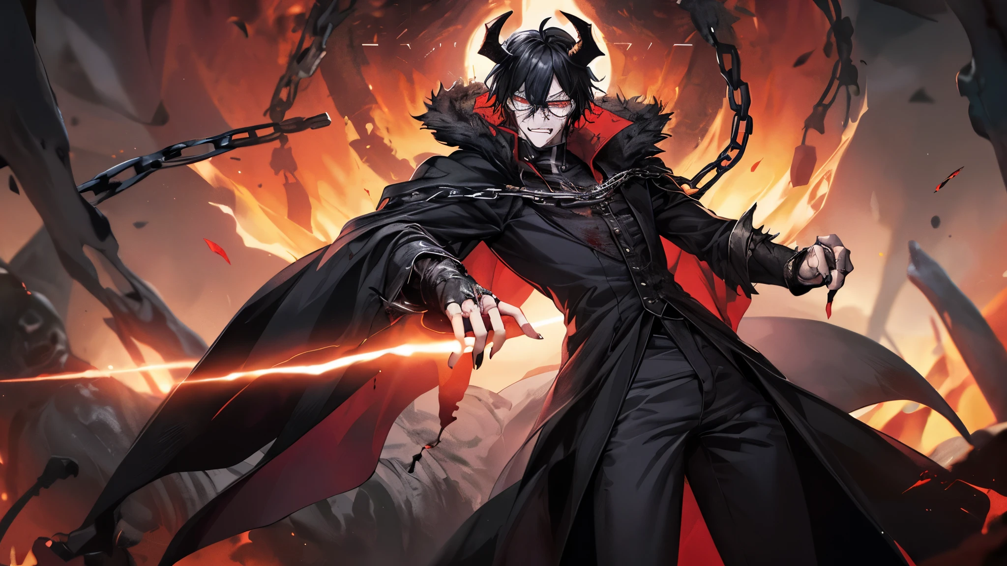 1 guy, black jeans, in a black cloak, press, Thin, pale, rings on fingers, black nails, Glasses, black hair, sporty, Glass eyes, cinematic lighting, Blur background, Best quality, Brown eyes, Laugh, In Hell, Darkness, People are on fire, Dead, chains, Blood, lava, skulls, Darkness, horns, devil, daemon, horror, anger, screams, axe, standing at the gates of hell,