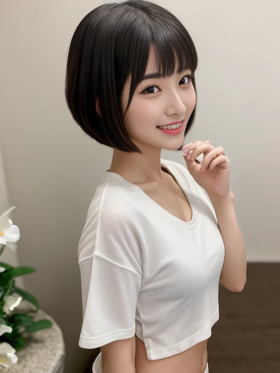 top-quality,masterpiece,Raw photography,8K,Top image quality,hight resolution, 18 years old Japanese female idol ,Beautuful Women,cute Japanese girls, Pretty Woman ,Beautiful face in every detail, aegyo sal ,small head, seductive smile ,Realistic human skin, pale skin ,cut model , Short hair ,bowl cut ,skinny body ,Sweat, t-shirts, clavicle ,(low rise pants,from side, )model pose , navel focus