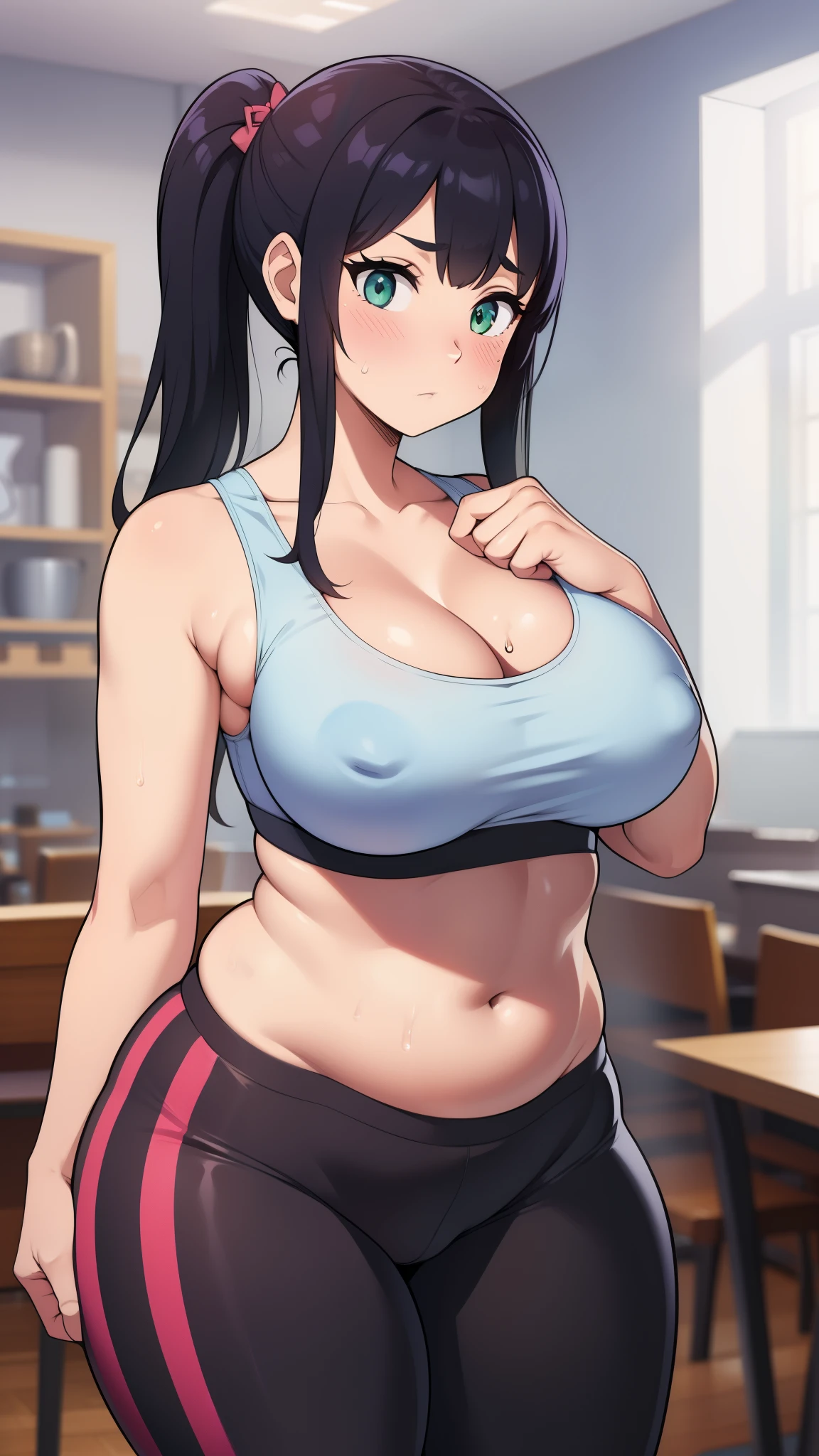 ((high res)), (Masterpiece), perfect anatomy, perfect shading, field of depth, (best quality), extremely delicate and beautiful, perfect lighting, detailed face, ultra cute face, cute, (cowboy shot 1.2), looking at viewer, full body, ((1girl)), ((solo)),
long hair, pony tail, black hair, green eyes, (((blush))), embarrassed, shy, (sports bra 1.2), (yoga pants1.2), extremely tight clothes, medium breasts, cleavage, perky breasts, (wide hips), (((thick thighs))), (plump), chubby belly
coffee shop, intricate background, detailed background, standing, hand on hip, belly grab,
