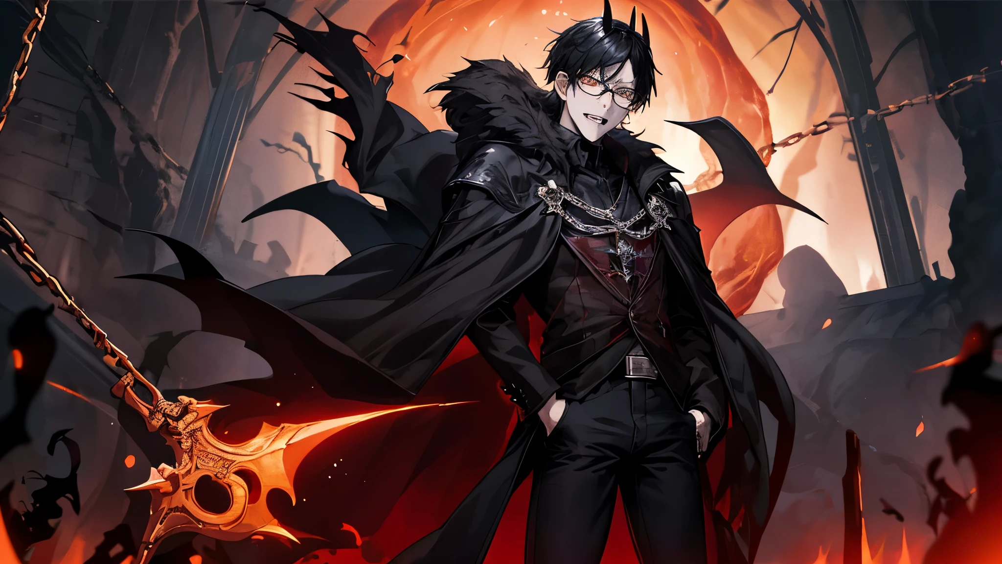 1 guy, black jeans, in a black cloak, press, Thin, pale, rings on fingers, black nails, Glasses, black hair, sporty, Glass eyes, cinematic lighting, Blur background, Best quality, Brown eyes, Laugh, In Hell, Darkness, People are on fire, Dead, chains, Blood, lava, skulls, Darkness, horns, devil, daemon, horror, anger, screams, axe, standing at the gates of hell,