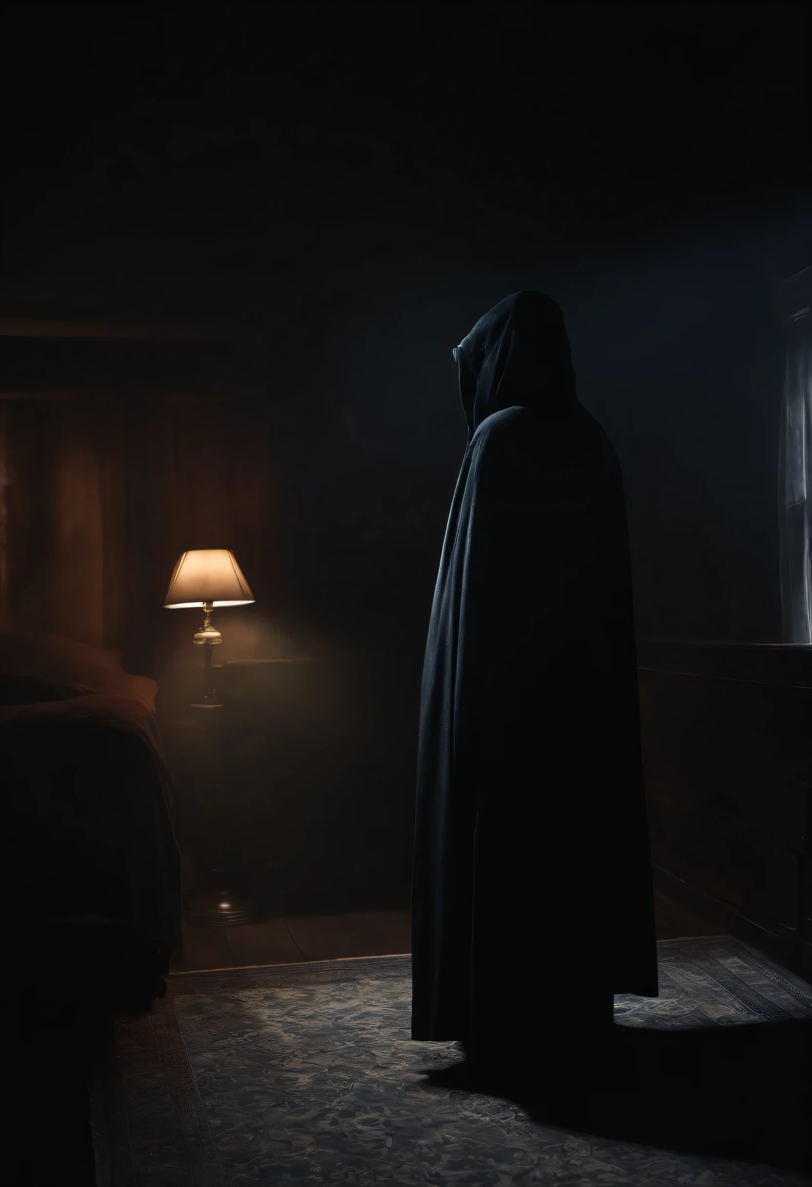 arafed man in a hooded jacket standing next to a bed in a dark room, men in bed, a picture by Adam Marczyński, shutterstock, conceptual art, dark cloaked figure, dark robe, dark robed, film still from a horror movie, dark bedroom, wearing dark robe, cloaked, horror movie still, eerie person, shrouded figure