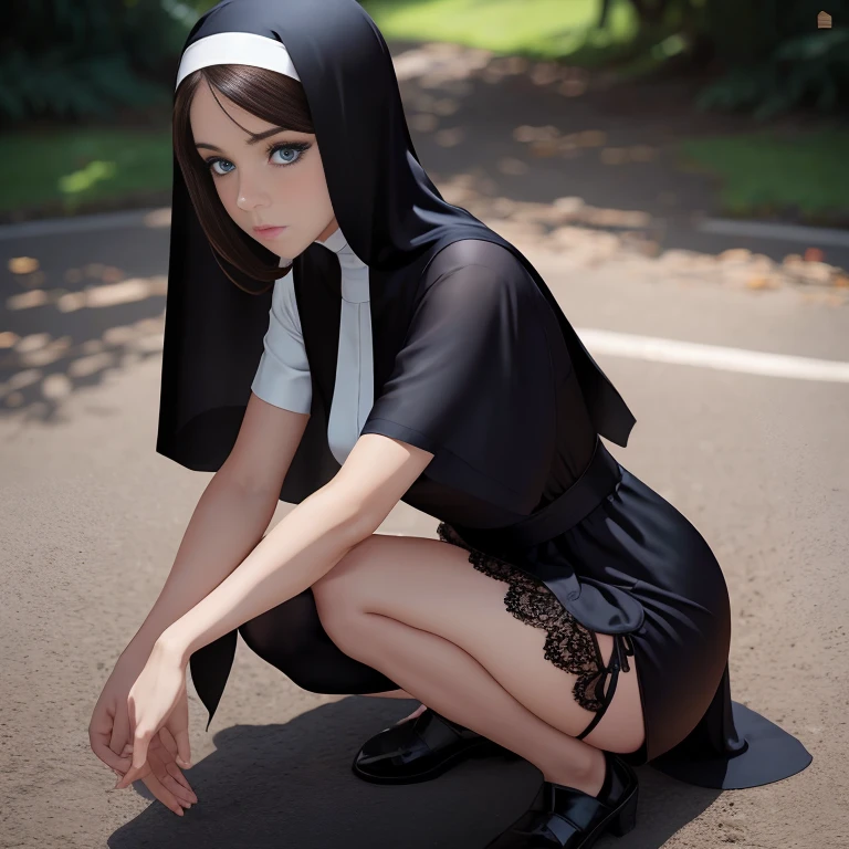 Woman,  kneels on the ground，Blue eyes，brown hair. Sexy nun，Sling black silk beautiful legs，lace panty，cabelos preto e longos