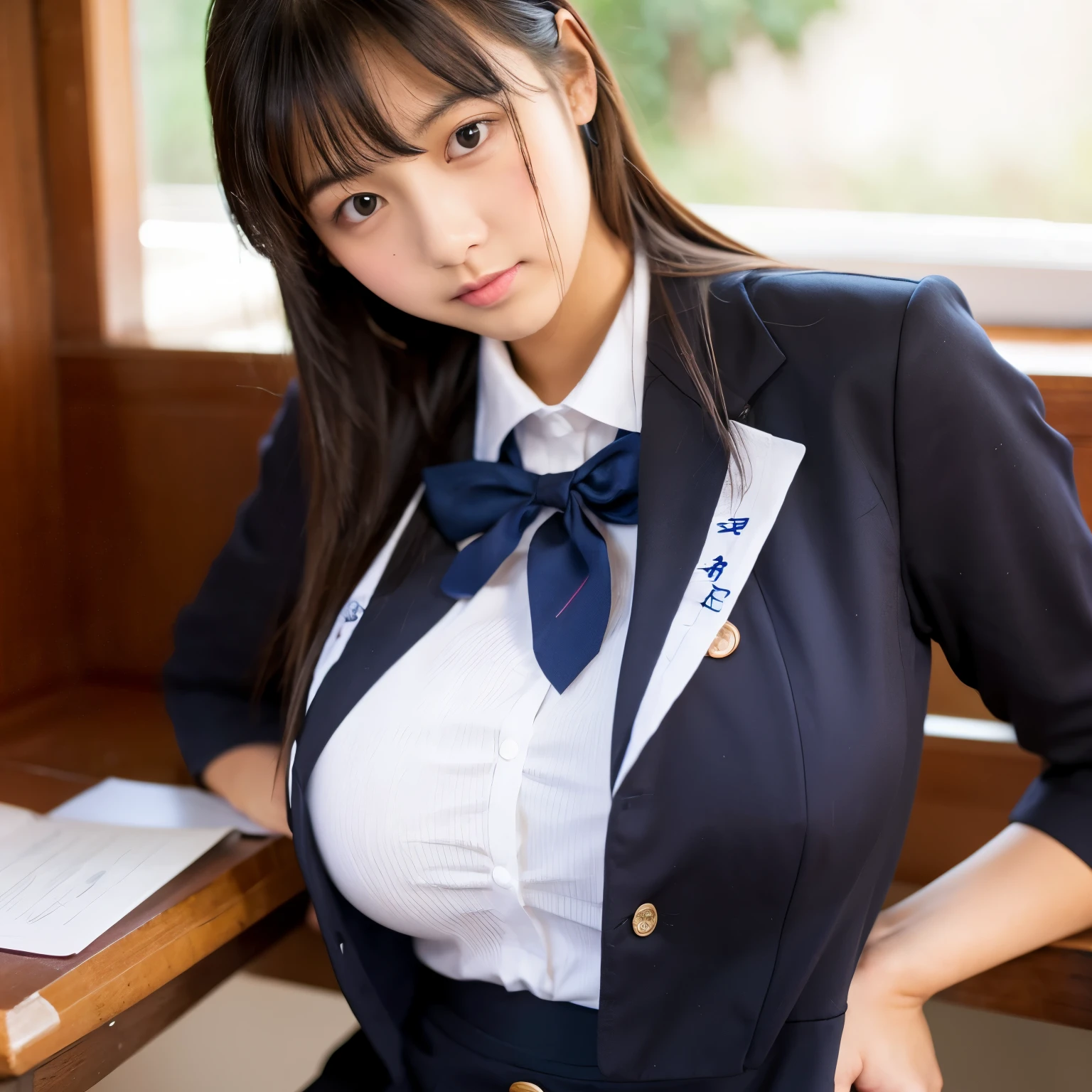 (Best Quality, 8K, 32K, Masterpiece, UHD:1.2), Photo of Pretty Japanese woman,Cowboy Shot, 1girl in,A beautiful woman with perfect body:1.4, (Slender Abs Beauty:1.4),  girl, (Lori:1.4), Colossal tits, (Detailed black eyes,Innocent eyes:1.1,big eye), ((poneyTail,Blond hair and brown hair,Floating hair,Colossal tits: 1.2)), BREAK,(((cute Navy blue Japan high school uniform  jacket:1.4,Shirt)), white cute panties,model poses,slim and beautiful thighs,Small butt,beauty legs, Lifelike face, Realistic body, real looking skin, absurderes, ​masterpiece, shinny skin,Beautiful delicate face,sexy facial expression,Coquettish smile,Happy smiling face,The sheen,Highly detailed facial and skin texture,cute face,
(sitting and spread legs on a desk:1.3),(knees up:1.5), panty shot,earrings, Necklace, Bracelets,Hair Ribbon, Hair Bow,Jewelry,
underboob, (School classroom background:1.1,In front of the blackboard),