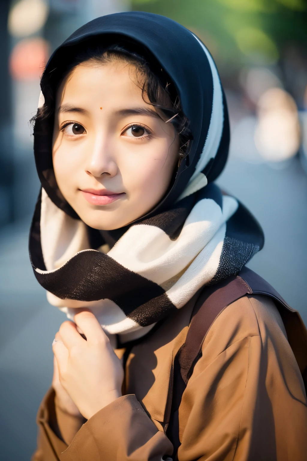 Portrait Japanese expressionless diagonal face shadow framed hijab hand