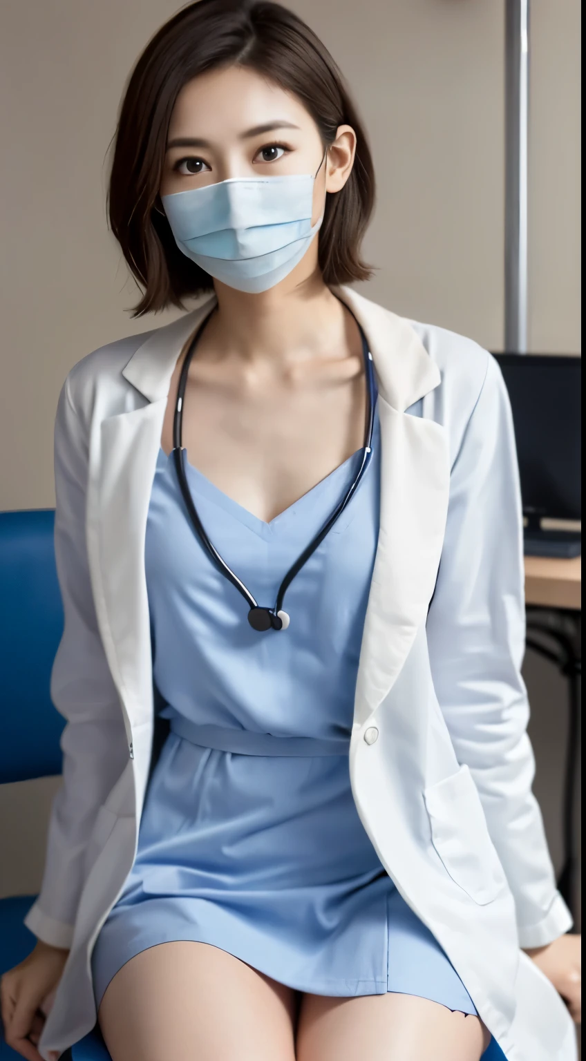 Photorealistic beautiful doctor、amazingly beautiful、(Doctor White Coat Naked),(topless)、(highest quality、8K、32K、masterpiece、nffsw:1.3)、ultra high resolution,(Photoreal:1.4),RAW photo, detailed face,,beautiful hair, ((Doctor Style)), (blue surgical gown、white lab coat、light blue mask),very short hair 、 natural makeup,, small perfect breasts、(Inside the hospital,examination room desk and chair、sit on a chair) detailed background, perfect lighting, written boundary depth, beautiful shadow gradation,(Stethoscope) ,、thin limbs、thin thighs、whole body、(Name tag on chest)