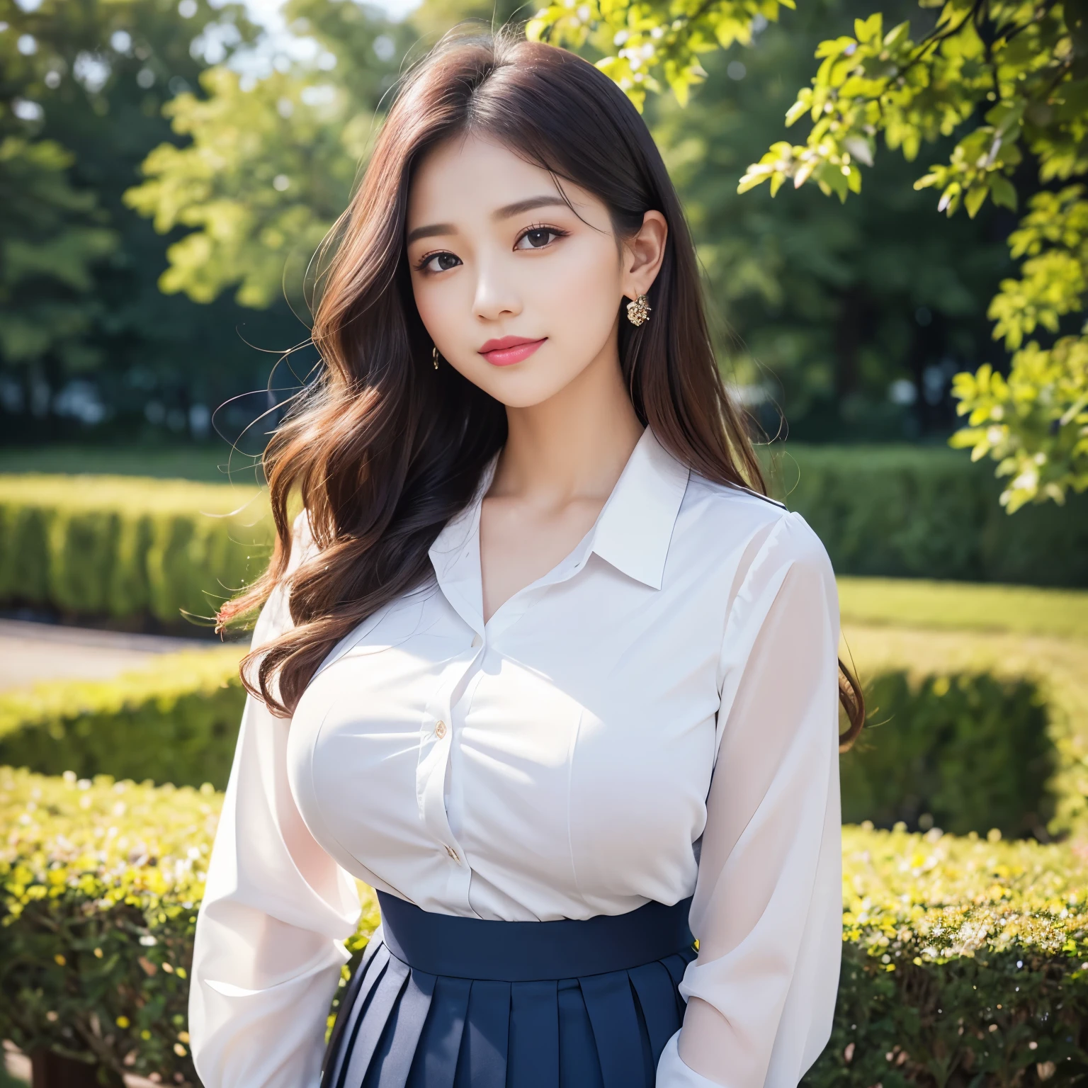 (masterpiece、highest quality、ultra high resolution、8K)、(1 A very young 12 year old girl:1.1)、(pregnancy:1.1)、naive girl、(perfect anatomy:1.1)、(wavy hair:1.1)、(big breasts:1.2)、(emphasize the bust line:1.2)、(high school white shirt:1.2)、(navy pleated skirt:1.2)、(Uniform ribbon that fits perfectly on the chest:1.2)、(Beautiful glowing skin:1.2)、Moist eyes、Brown glittery hair、perfect makeup、beautiful eyeshadow、long eyelashes、beautiful lipstick、Beautiful lips with luster、Colors and landscapes of youth、feelings of love、outside、A shy smile looked at me、(very bright and refreshing:1.2)