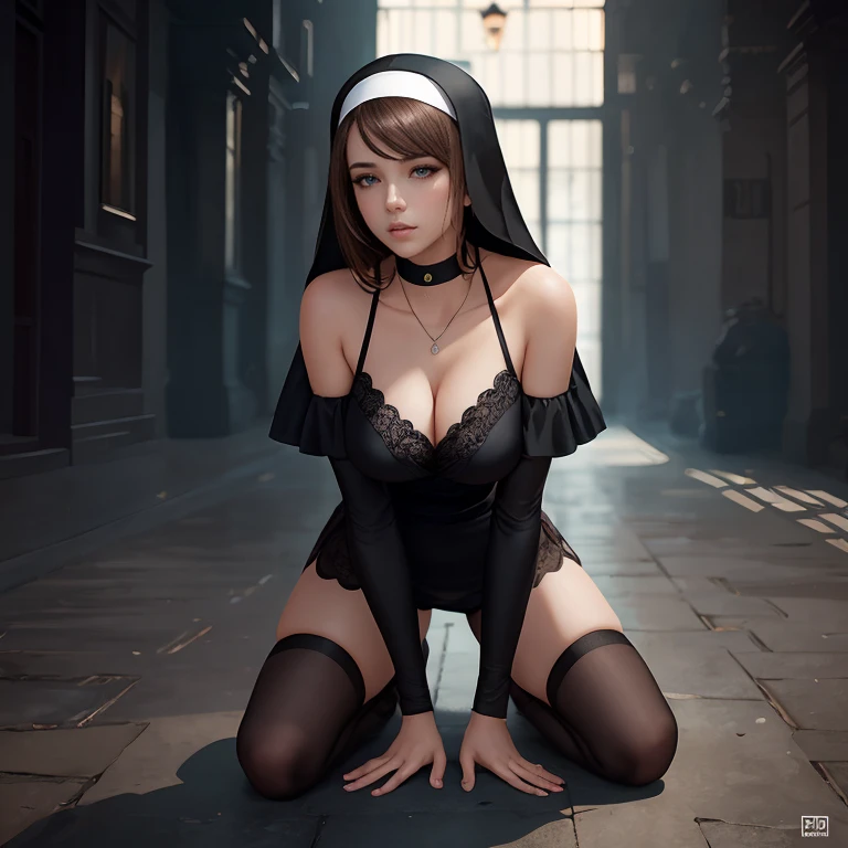 Woman, kneels on the ground,Blue eyes,brown hair. Sexy nun,Sling black silk beautiful legs,lace panty,cabelos preto e longos, ana de armas, hair with many details, beautiful sensual neckline, medium breasts, 8k artgerm bokeh, fanart best artstation, render photorealistic girl, art in the style of guweiz, inspired by WLOP, ig model | artgerm, deviantart artstation cgscosiety
