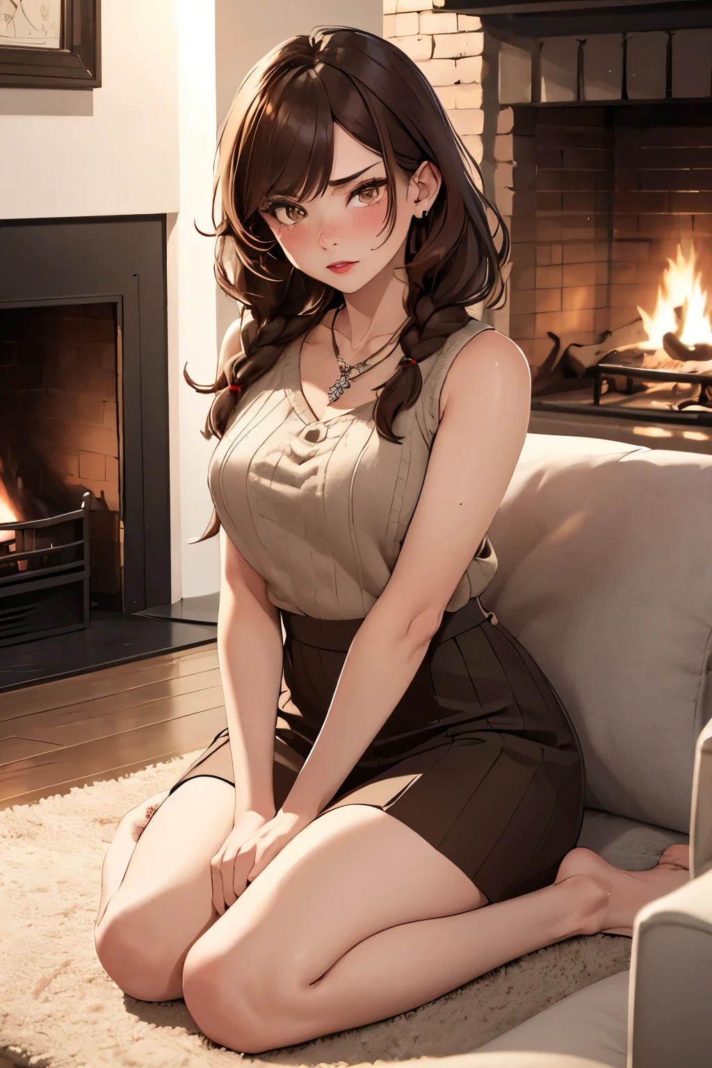 ((best quality)), ((masterpiece)), (detailed), Ridiculous resolution, high resolution, (masterpiece:1.4), Hyper-detailing, a woman. she is 18 years old. She has brown hair. She has braids in her hair. She has red lips. She is blushing. She has freckles. (Ultra detailed brown eyes)). she is lying by the fireplace on a sofa. She is wearing a sleeveless wool sweatshirt. She is wearing a wool ribbed mini skirt. necklace. full body shot. she is angry.