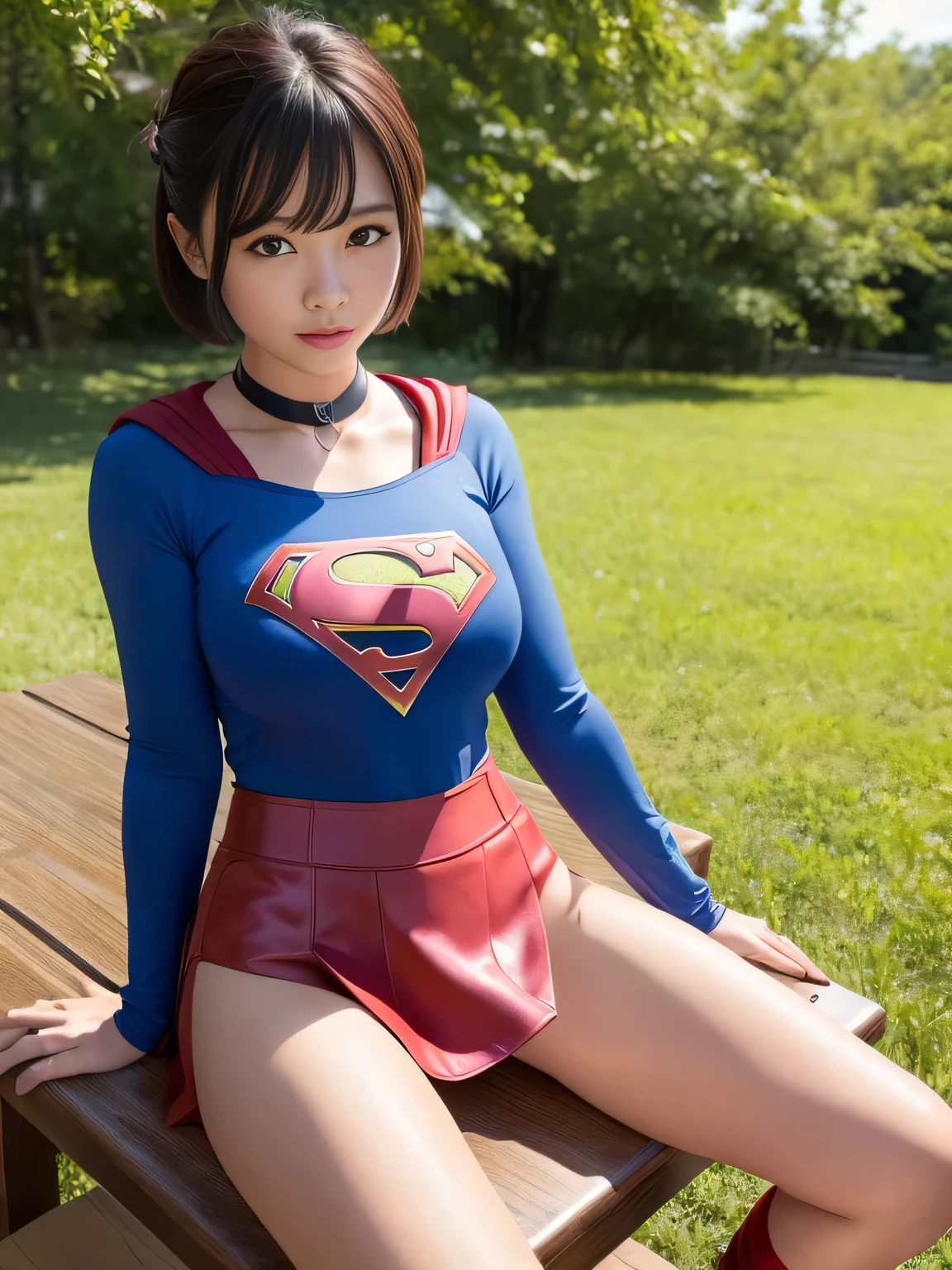 masterpiece、supergirl costume、short hair、barefoot, big and full breasts、test subject、operating room、operating table、straddle、sweating、shiny、look at the camera、sense of abuse、Estrus、choker、Weekly magazine cover、long sleeve、red mini skirt、obscene pose、Seduce、humiliating、hindrance、