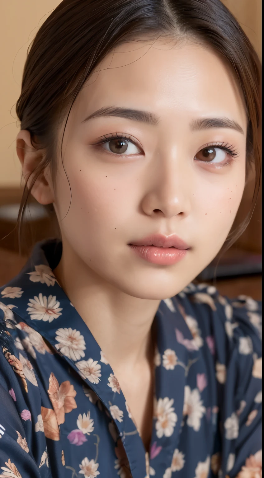 ((top quality, 8K, table top: 1.3)), beauty, 1 Japan girls, big: 1.3, dark brown hair, (spread legs: 1.2), detailed face, highly detailed lips, fine eyes, double eyelid, Yukata, sweaty skin: 1.2