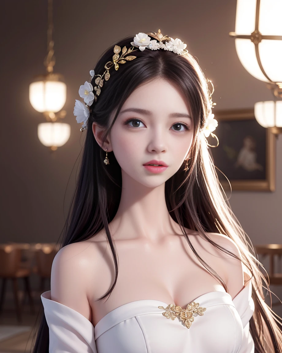 Highly detailed CG Unity 8K wallpaper.., highest quality, มีvery detailed, masterpiece, realistic, photorealistic, very detailed, cute young woman, (25 years old), blush, weather, half body shot, white wedding dress, Stand and look at the night view