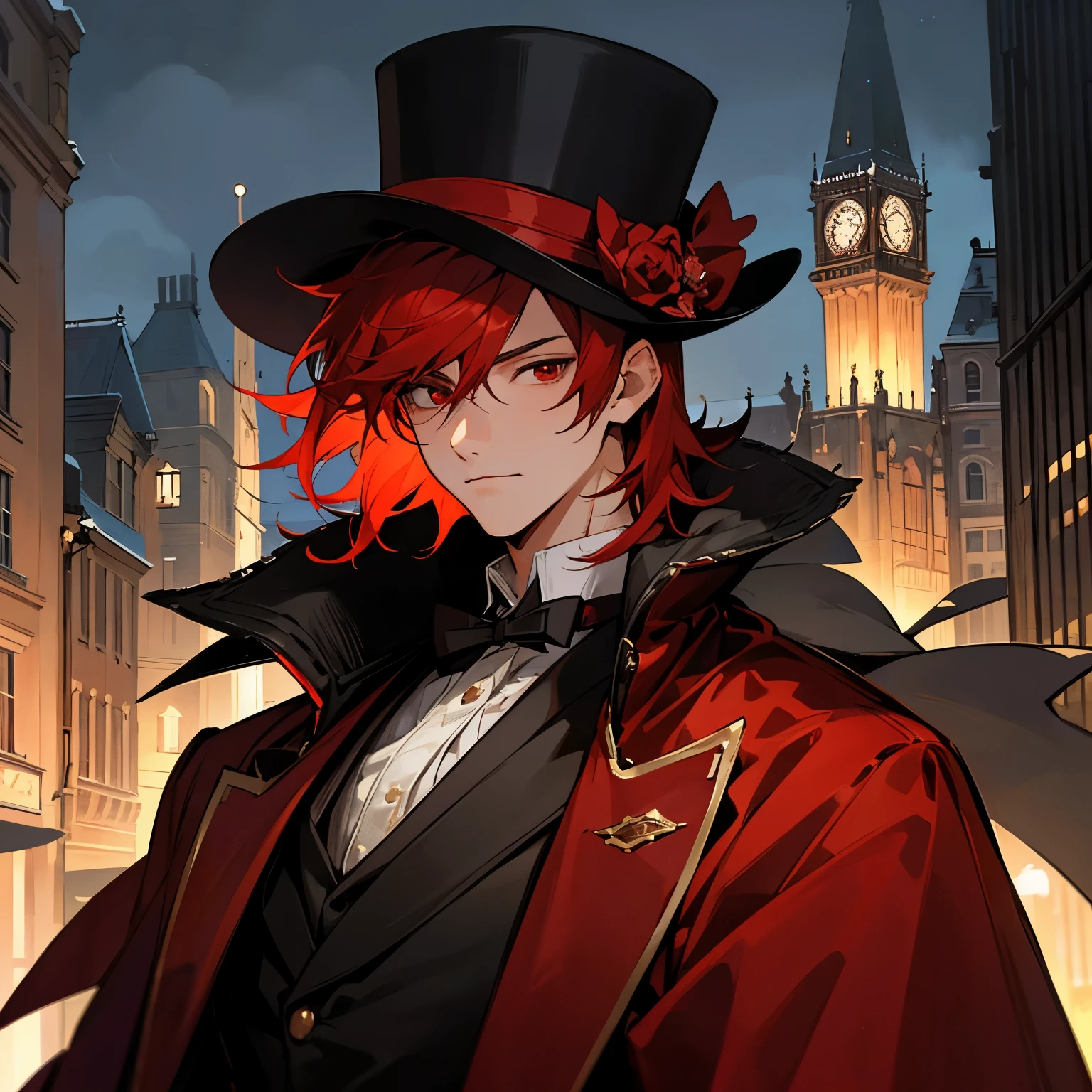 1boy, detailed face, detailed eyes, red hair, medium hair, red eyes, hair over ears, muscular male, coat, hat, victorian clothes, outdoors, night, city