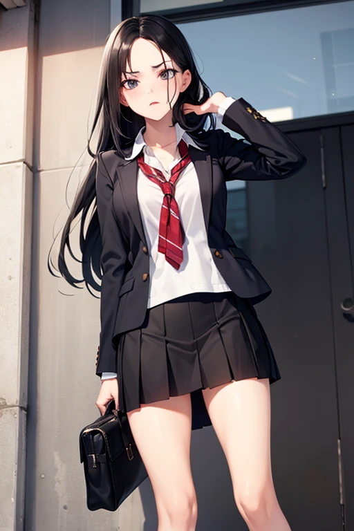 At school, a young woman, forehead, long black hair, black short skirt, bag, angry, despise, Extremely detailed, 4k