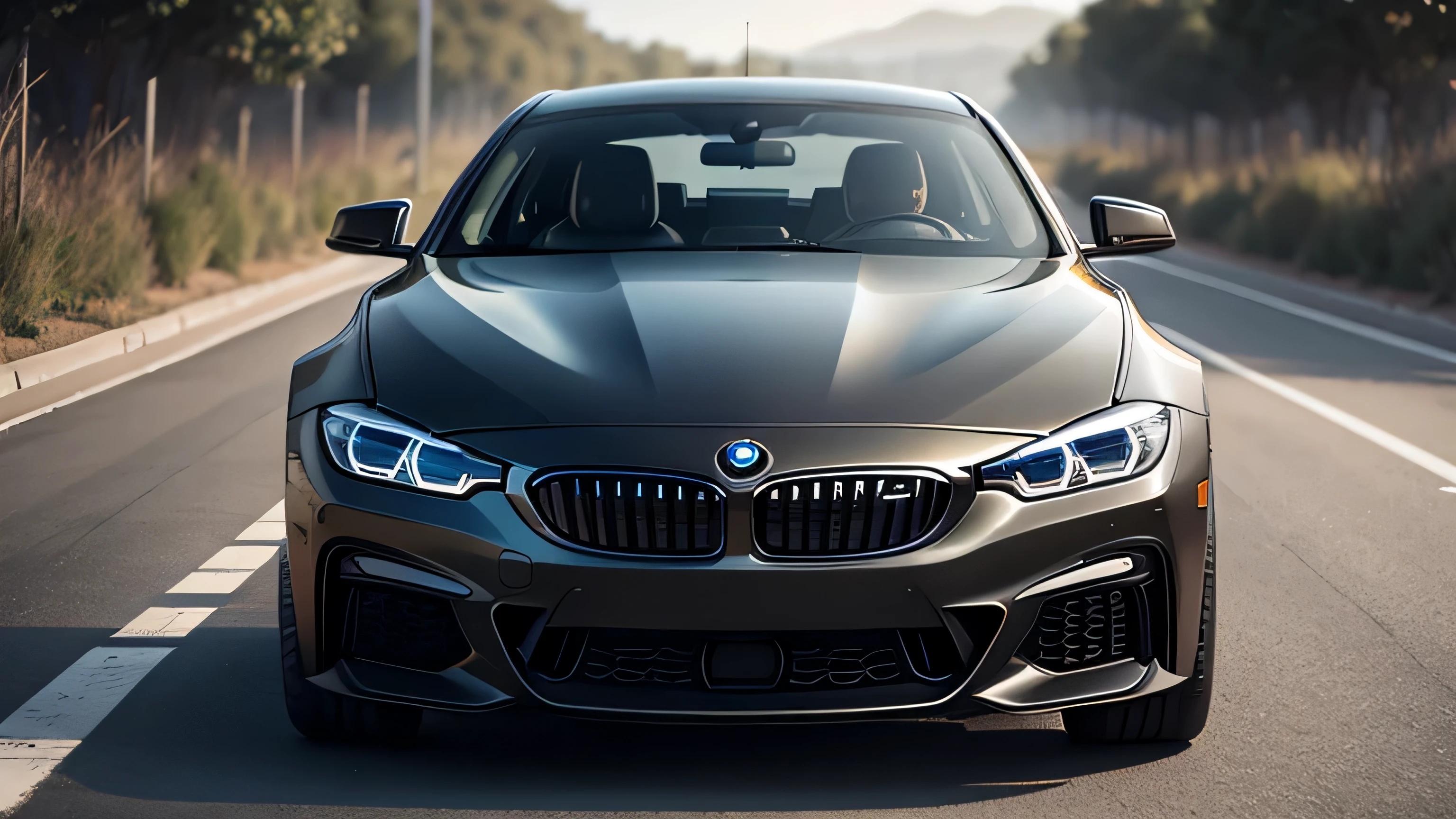 bmw, transparent black windshield, High body details, Front side photo, front view,front perspective