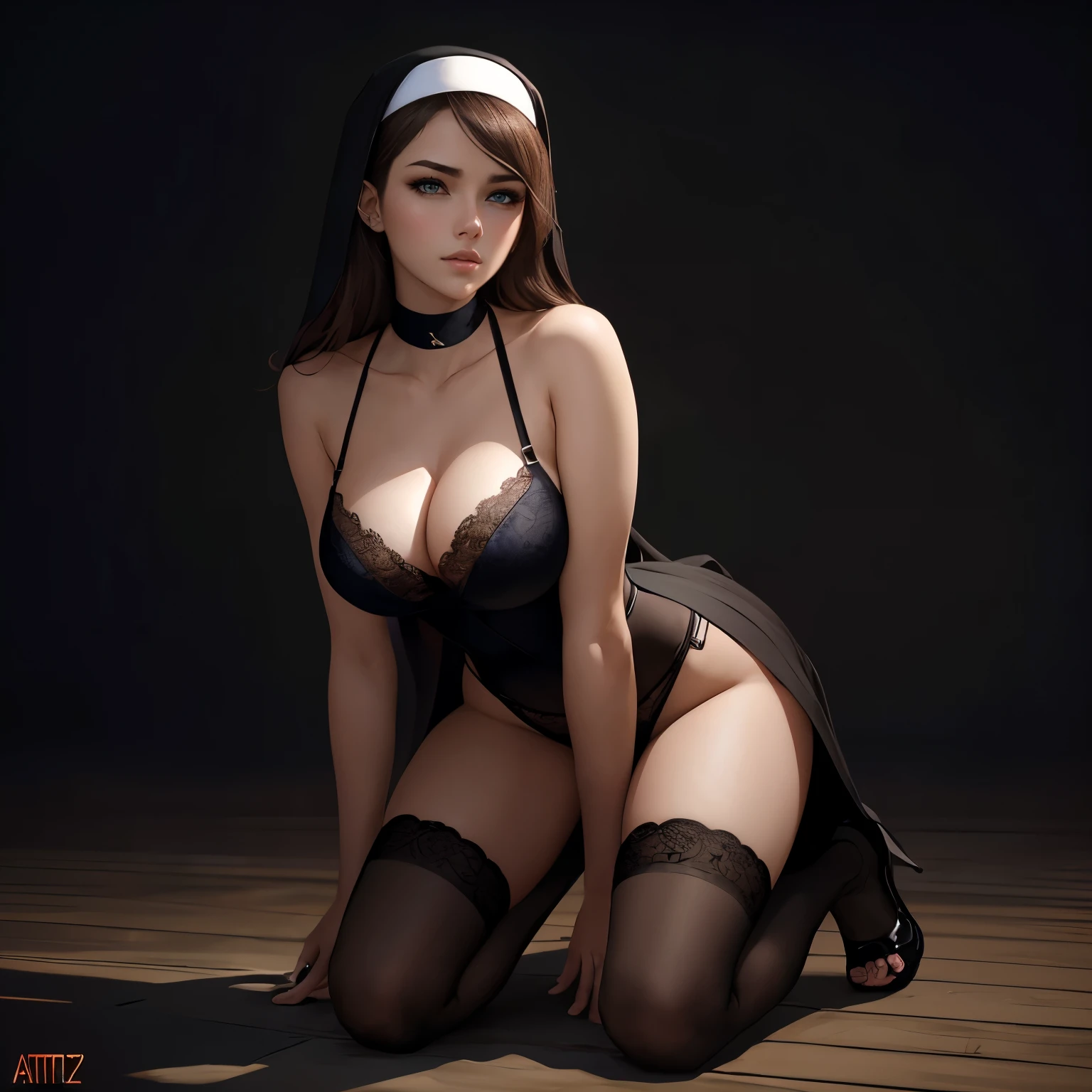 Woman, kneels on the ground,Blue eyes,brown hair. Sexy nun,Sling black silk beautiful legs,lace panty,cabelos preto e longos, ana de armas, hair with many details, beautiful sensual neckline, medium breasts, 8k artgerm bokeh, fanart best artstation, render photorealistic girl, art in the style of guweiz, inspired by WLOP, ig model | artgerm, deviantart artstation cgscosiety