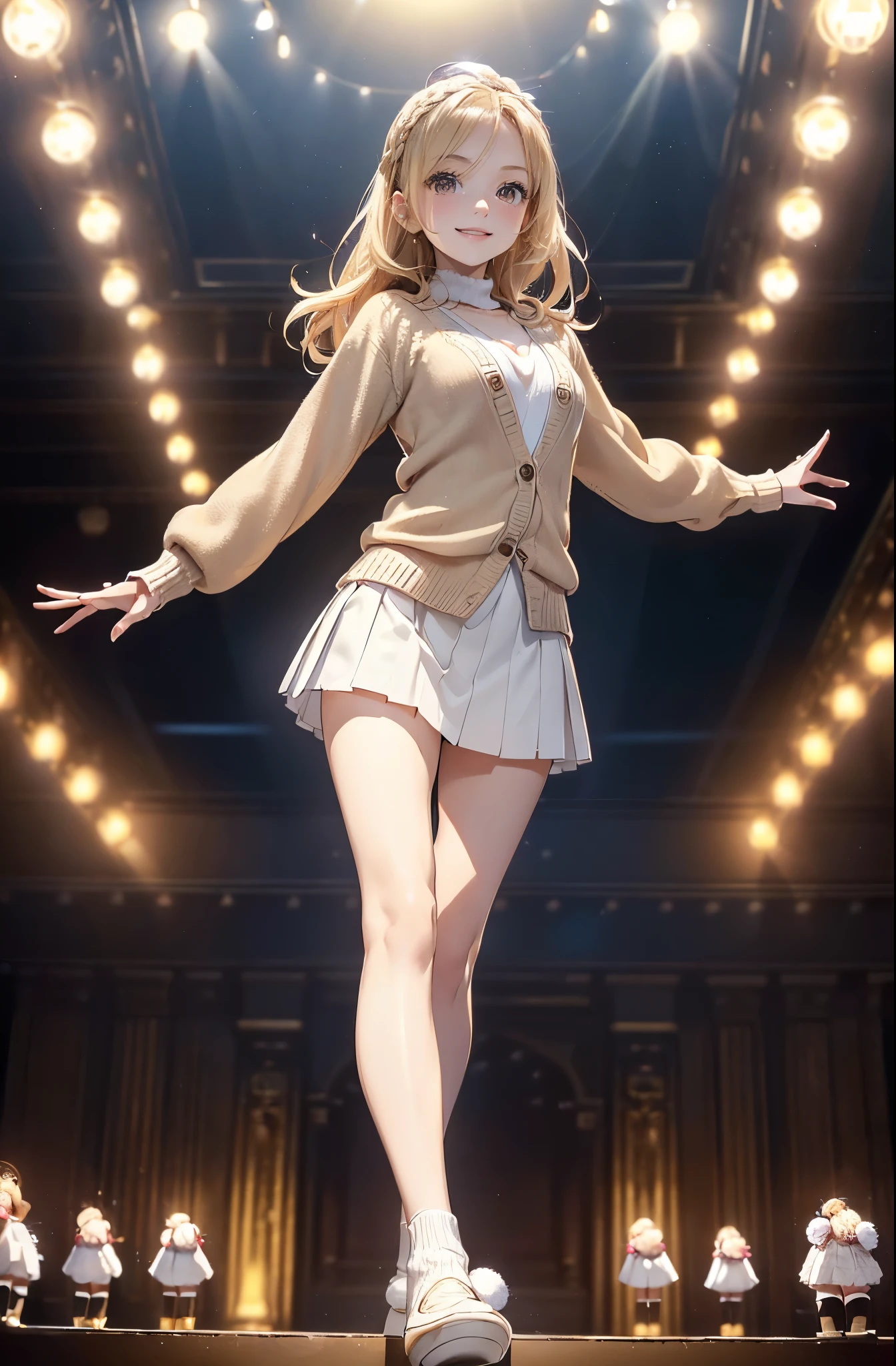 ((((8k))),((Extremely meticulous CG)) ,(wallpaper),16k,((Extremely refined and beautiful)),(((Masterpiece))),(((best qualtiy))),(((Ultra High Resolution))),beautiful light up,Perfect lightning,realistic shaded,[A high resolution],(Smooth and flawless fair skin:1.5),(pale skin:1.3),Extremely exquisite facial details,(perfect body:1.1),ultra-detailed,A beautiful girl,Idol Girl,solo,small head,(blonde hair:1.1),(Medium-length hair),(hair flying:1.2),headdress flower,small face,Exquisite makeup,(small breasts:1.1),flat chests,slim,thin,happy,(smile:1.2),(Brown sweater cardigan:1.3),(underneath the cardigan was white shirt:1.2),(slender legs:1.2),(mini short pompon skirt:1.3),(skirt flying:1.1),(white fur boots:1.1),(night scene:1.5),indoor,(In a magnificent theater:1.5),(on the stage:1.3),(detailed background:1.5),(standing:1.3),(dancing:1.2),(Dynamic pose:1.2),(full body:1.2),(from front:1.3),(from below:1.1)
