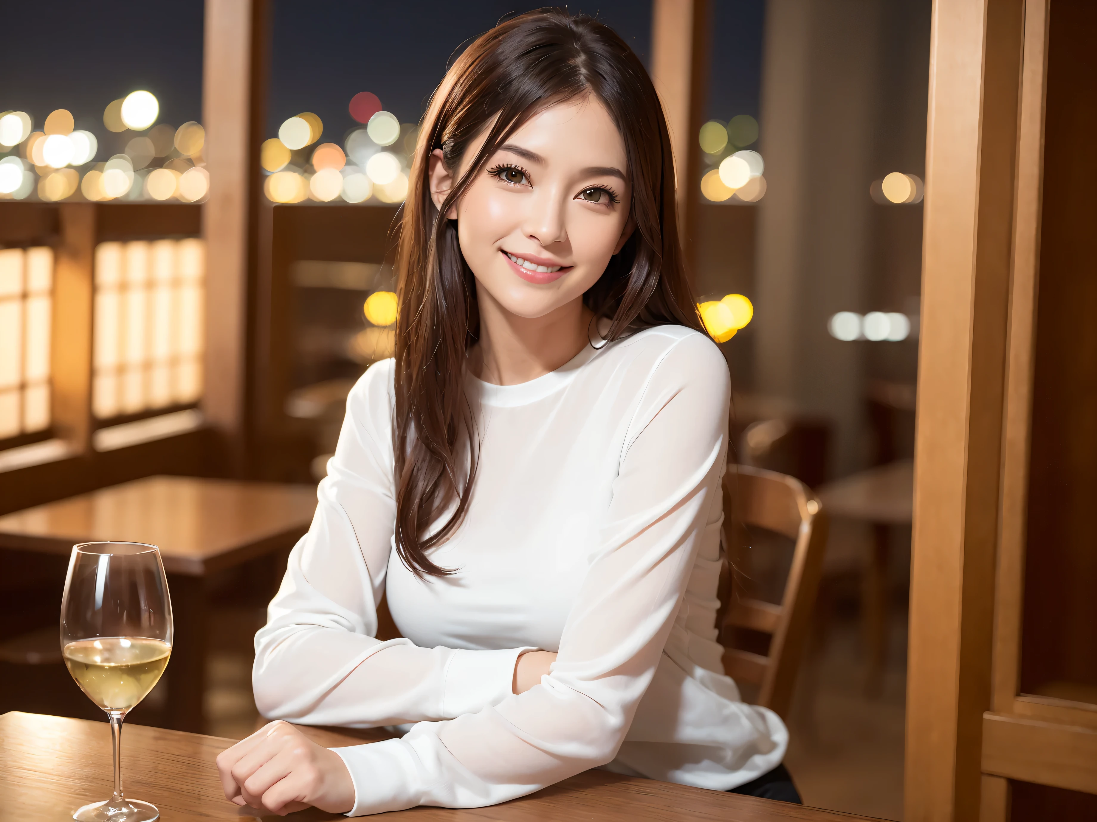(including 64k, nffsw, highest quality, table top: 1.2), (realistic, photorealistic: 1.37), Beauty for 3 persons、long sleeve shirt、winter fashion、Colombia、Brazilian、Japanese、Dutch、German、Portuguese、Belgian、Italian、french,champagne、Sparkling wine、 (slimフェイス), (slimボティ), (brown hair), (shortcut), Neat beauty、cheeks blush a little, (35 years old), 38 years old, alone, 窓の外には美しく緻密なnight景が広がります., restaurant, wine glassが座っている, nightに, in a prominent place (from the Upper body) nova frog style, actress, model, Upper body, White wine, slim, wine glass, Super Clean night View, wine glass Put in the Middle, Happy smile, (smile: 1.15), beautiful and detailed eyes, Upper body, bust japan up, night, short, short, actress, model, Upper body, White wine, slim, wine glass, Super Clean night View, wine glass Put in the Middle, Happy smile,