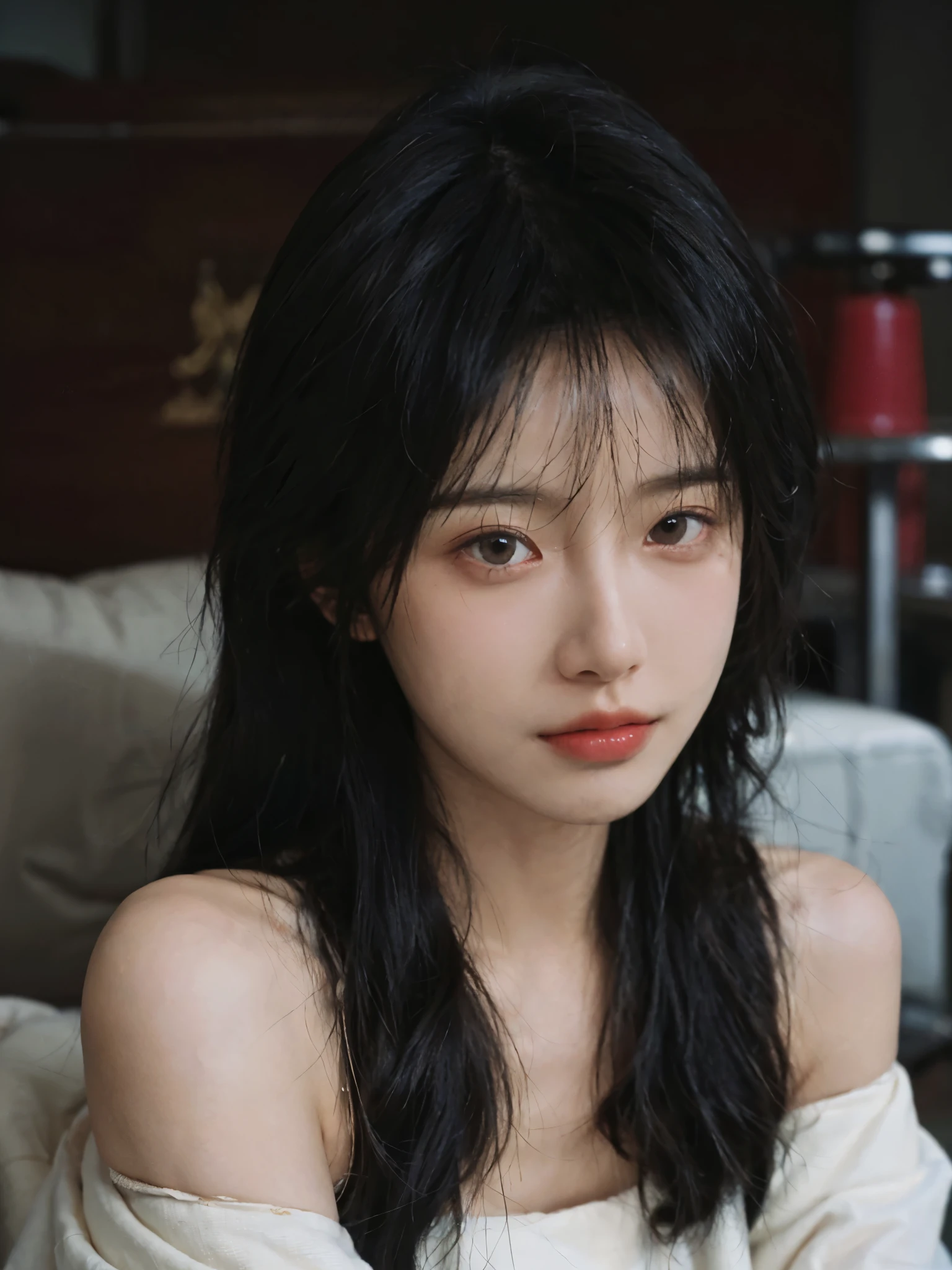 Film portrait photography, 1 girl, bare shoulders, Shoulder length wavy hair, serene, calm, (Realistic and detailed eyes, natural skin texture, Realistic facial details), Soft dramatic lighting, depth of field, Bokeh, Vibrant details, Detailed and detailed, surreal, 35mm film, hazy, ,