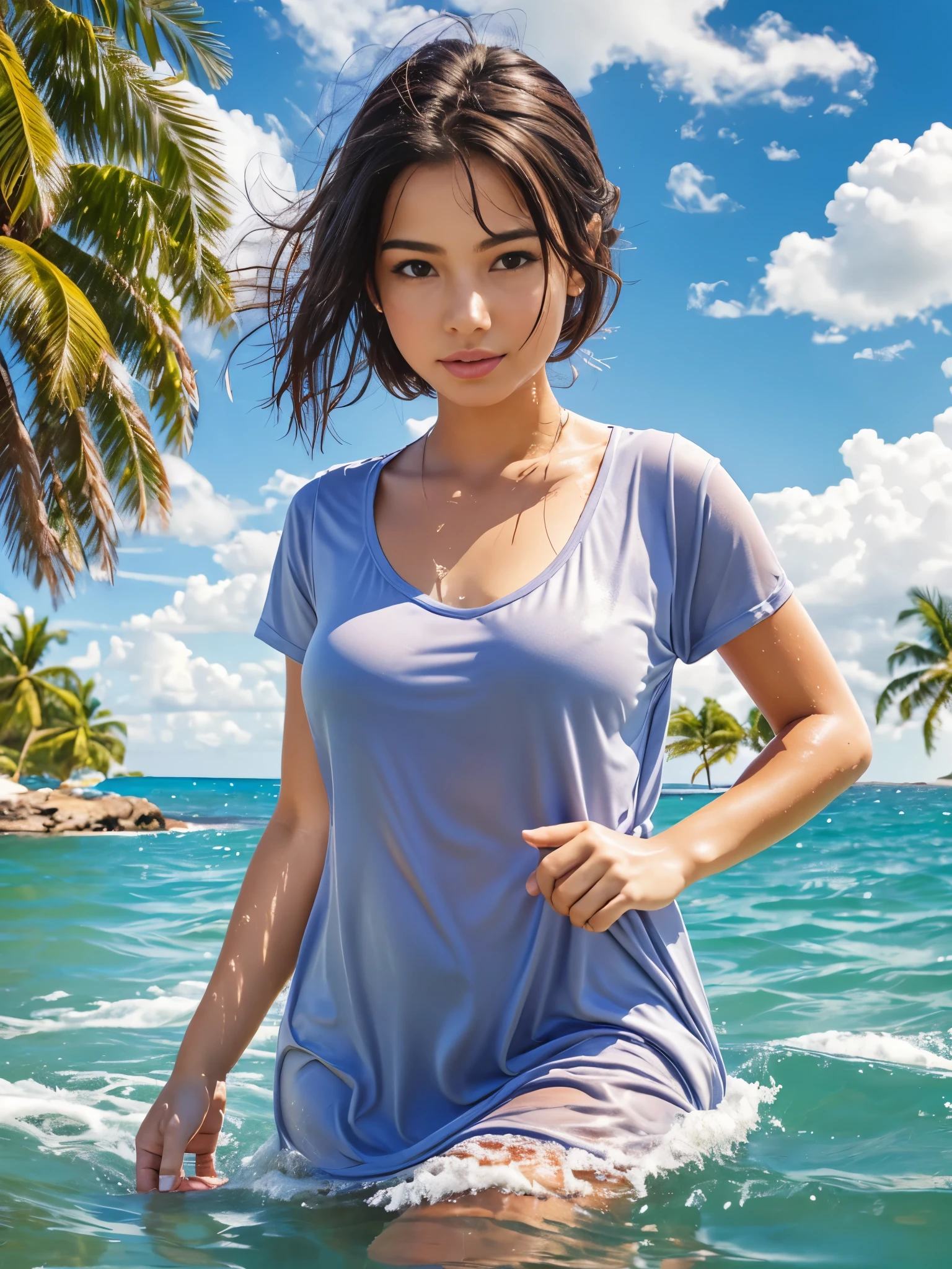 Best Quality, Masterpiece, Ultra High Resolution, (Realism: 1.4), Original Photo, 1Girl, wearing a wet t-shirt dress in the sea, carefree, wading,  wet clothes, clinging, bright sunshine, photorealistic