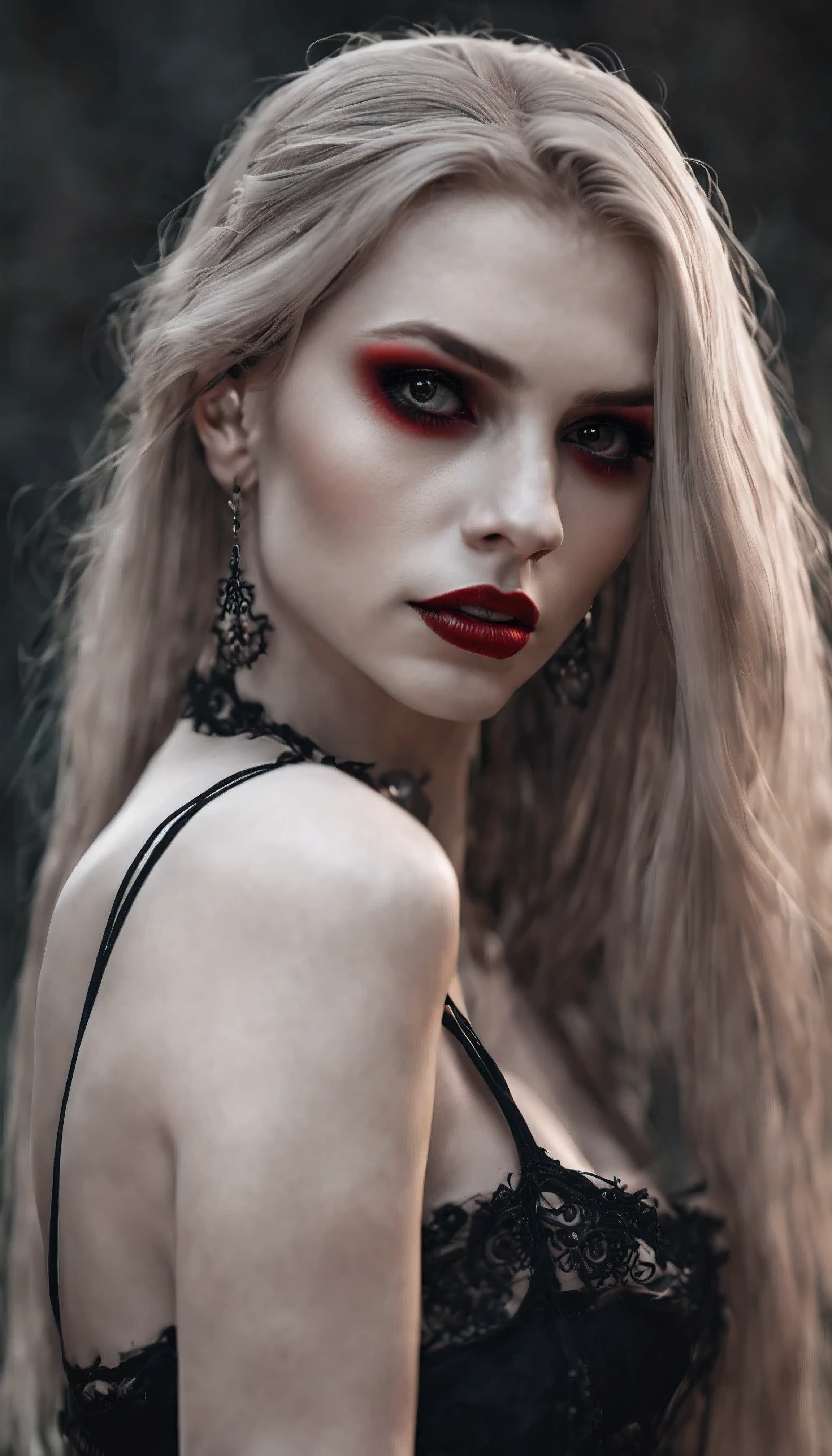 Photorealistic portrait of a vampire girl, У нее long light hair, Young woman, standing at full height in the dark, She is wearing a black short dress with a plunging neckline, Beautiful breasts, detailed chest, Black openwork stockings, black high heels, Detailed face, dark makeup, Seductive look, (sexual) Outside, fangs visible, Blood runs down his lips, bright glowing eyes. long light hair, realism, pale detailed skin, bright red eyes, very detailed skin, loose hair, Realistic skin, Gothic attire, Canon,4K, mysterious, Gothic, Sexy beautiful vampire girl, High 8K Image Quality, detailed image 16K.