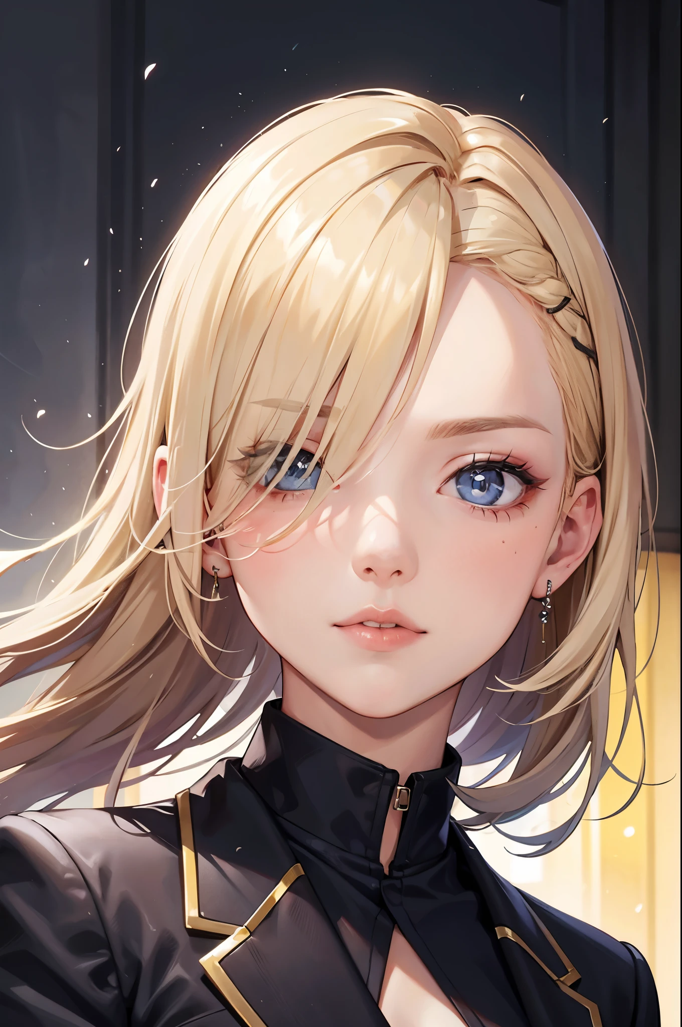 portrait of european girl,solo,20yo,beautiful face,uppser body,hair over one eye,medium sidecut, blonde hair, sharp focus,black business suit