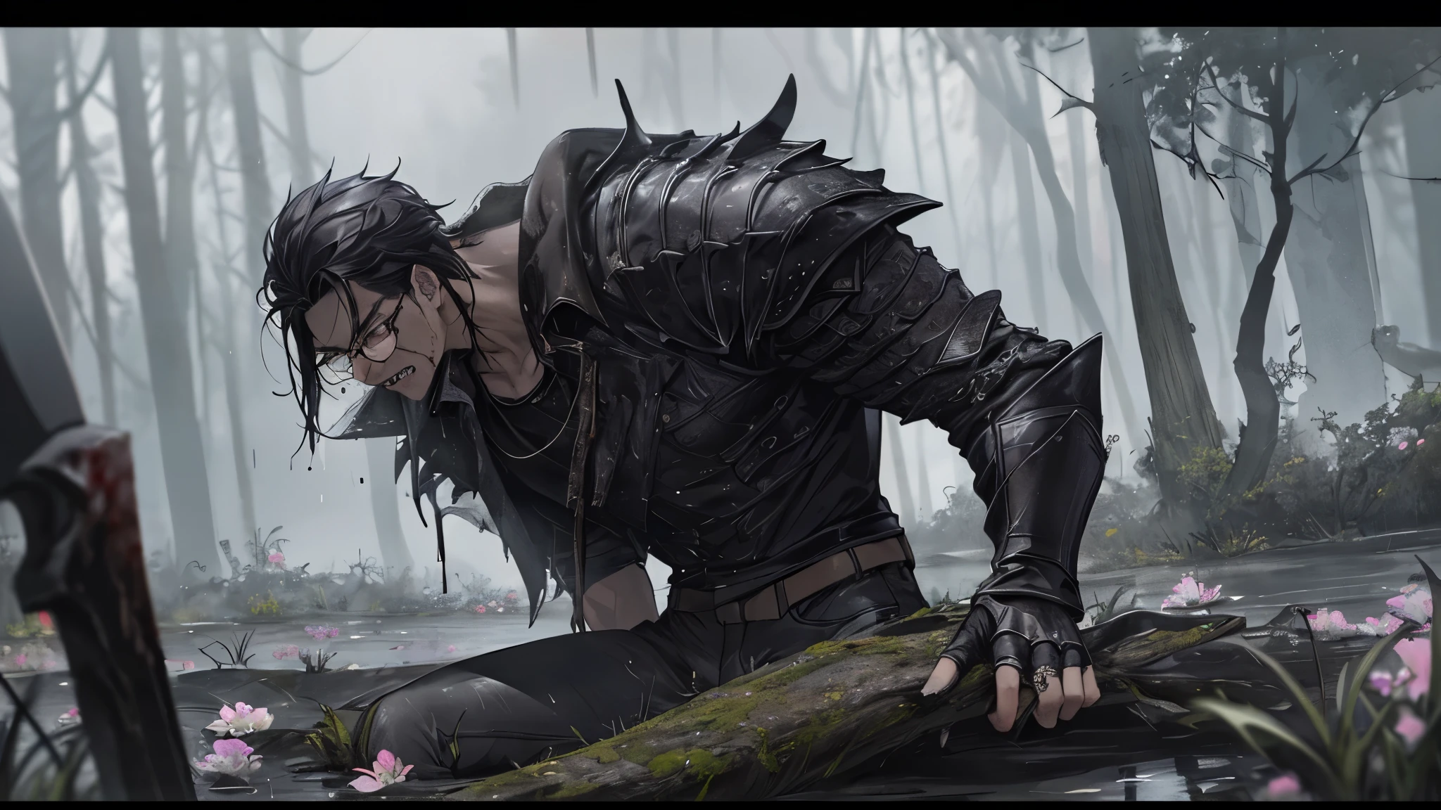 1 guy, black jeans, in black armor, press, Thin, pale, rings on fingers, black nails, Glasses, black hair, sporty, Glass eyes, cinematic lighting, Blur background, Best quality, Brown eyes, Laugh, On the battlefield, swamp, Blood, axe, dead, Weapon, dead tree, water, screams, Blood, rain, dark sky with clouds, Wet, trees, Herbage, flowers, water, mud,