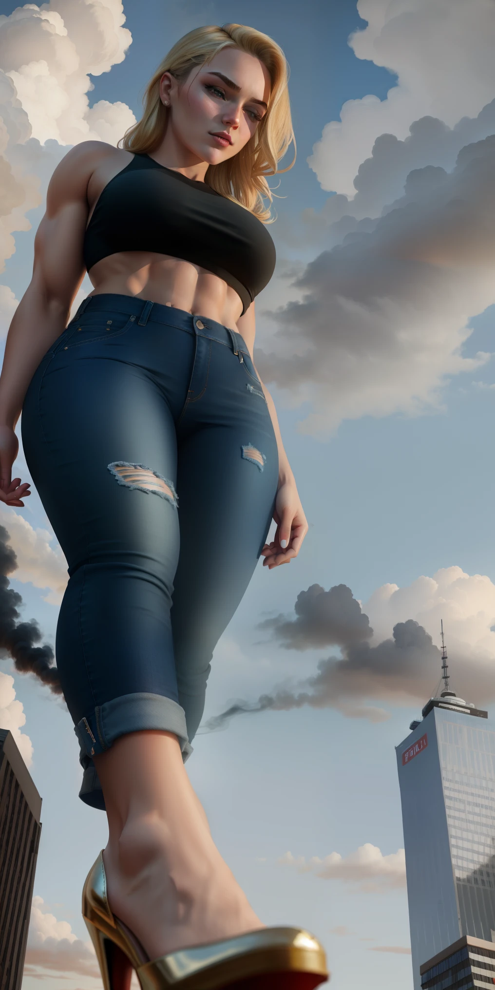 Giantess wearing crop top and jeans, athletic body, gts city, city buildings, smoke, clouds, evil, realistic lighting, high heels, from below blonde hair