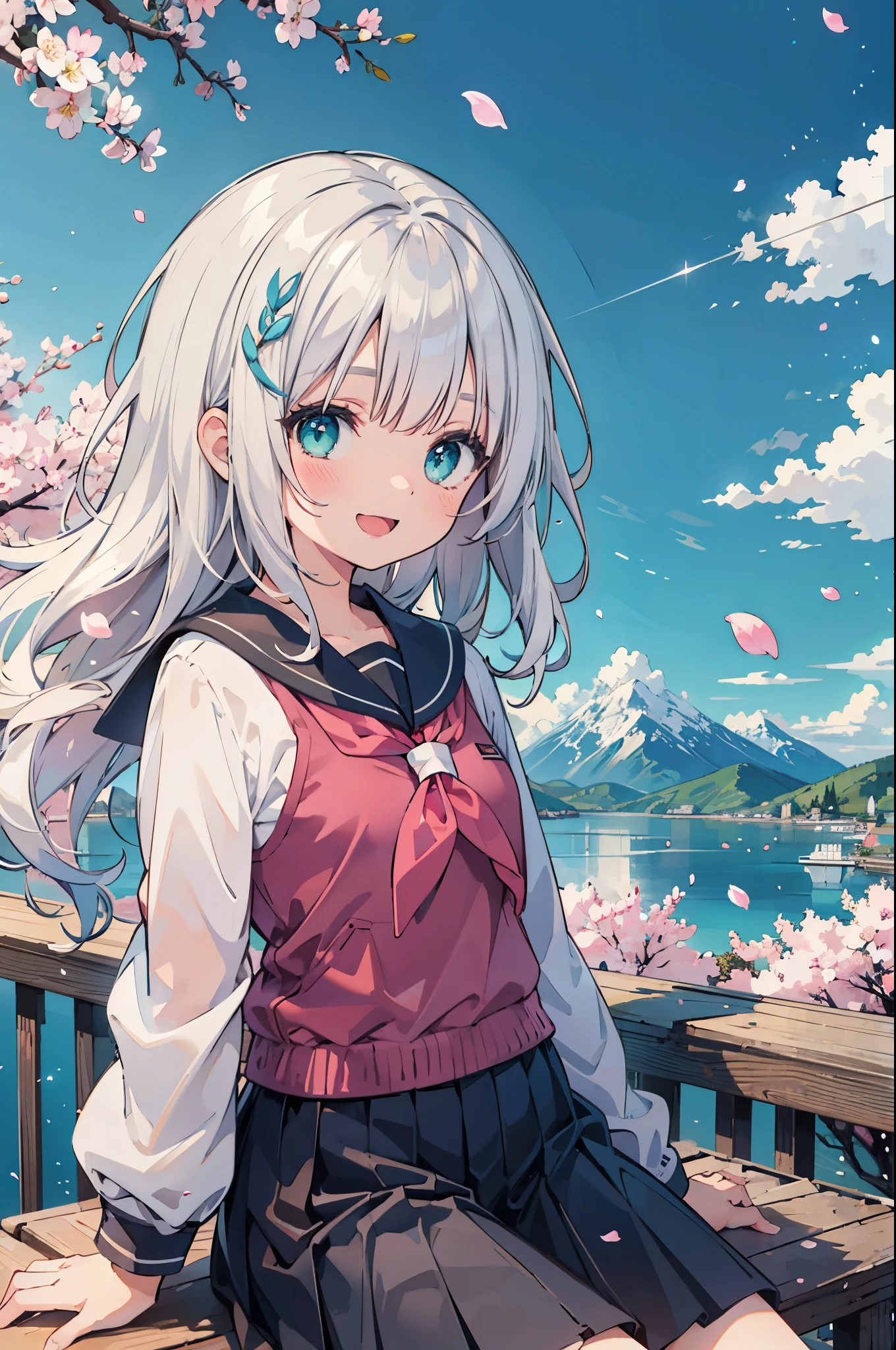(masterpiece), scenery, mountainous horizon, cherry blossoms, petals, light particles, upper body, 1girl, sailor, wavy hair, floating hair, smile, sitting, open mouth, light particles, silver hair, aqua eyes, looking at viewer, face focus