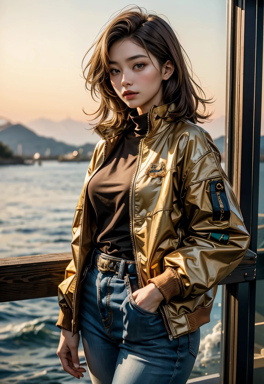 (highest qualityの, highest quality, beautiful and aesthetic:1.2), (1 Japanese female), very detailed,sexy woman,best details, brown hair,composition of golden ratio, dynamic line of sight,Wearing a dress,Sunset background