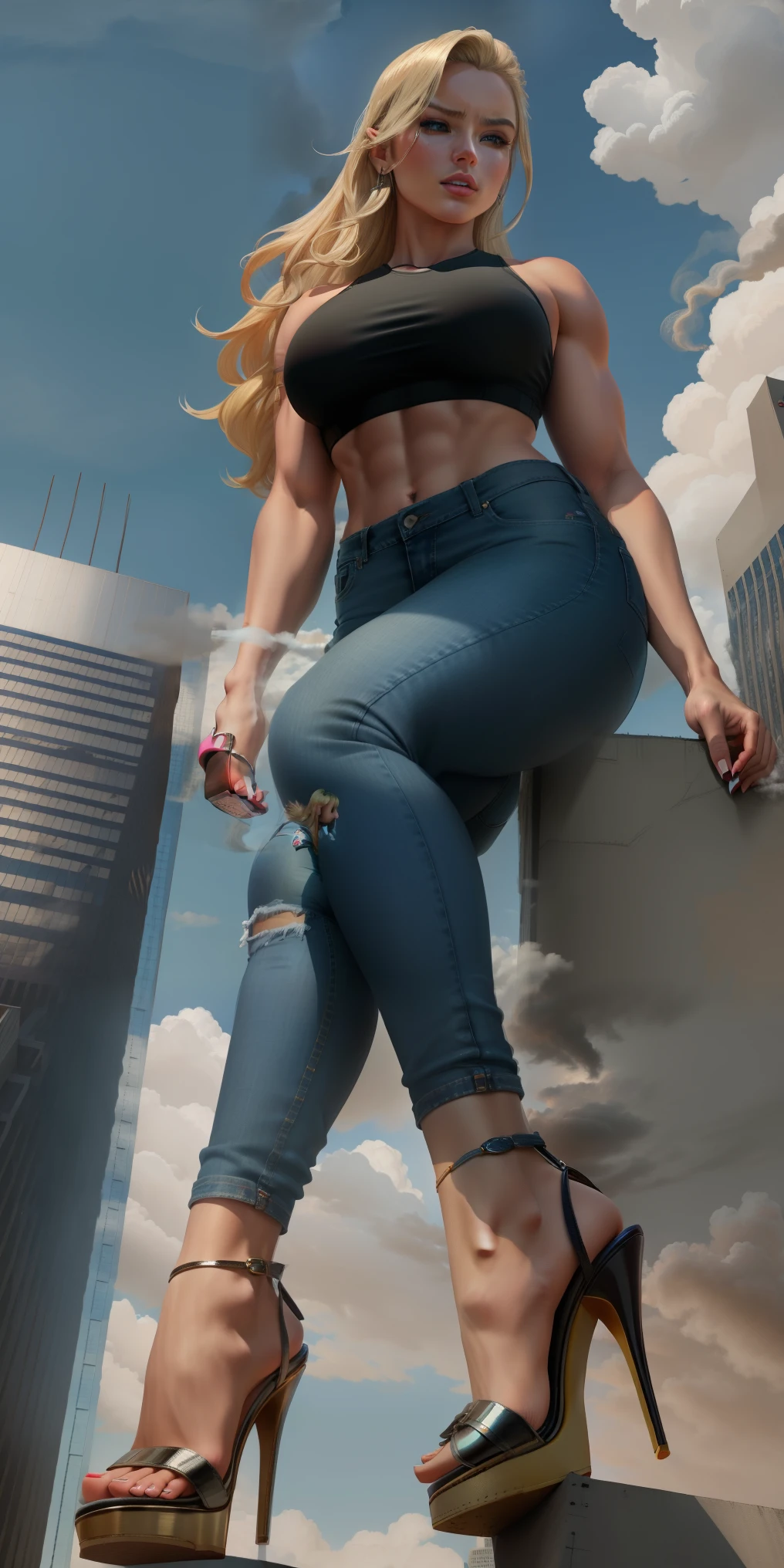 Giantess wearing crop top and jeans, athletic body, gts city, city buildings, smoke, clouds, evil, realistic lighting, high heels, from below blonde hair