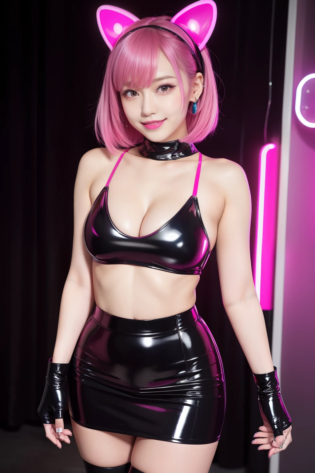 nsfw、female idol、gentle smile、shiny glossy latex mini skirt (neon fuchsia)、full body Esbian、multicolor hair、