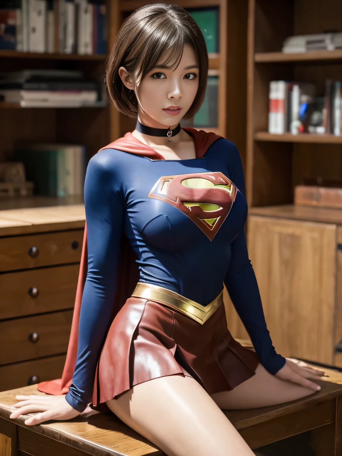 Best Quality,4K,8K,hight resolution,masutepiece:1.2),Ultra-detailed,Realistic:1.37,Super masterpiece,Short-haired Supergirl straddling a school desk seduces、large full breasts、Looking at the camera、Glossy costume、shiny bright red skirt、Shortcloak、a choker、estrus、Cowgirl、Trance、Fayue、enjoyment、The sheen、showy、