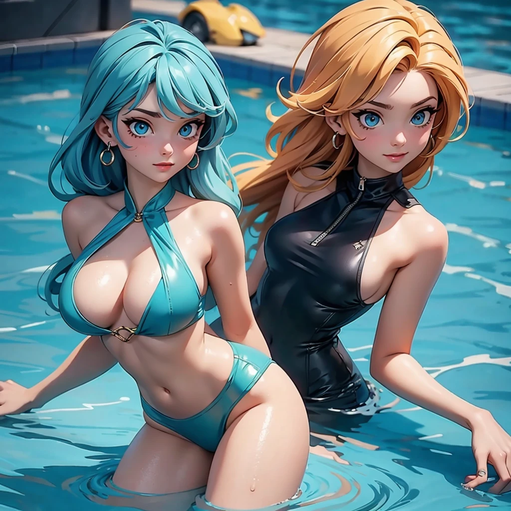 Excellence HD 8K, 1 Femmes, Art Classique, femme au cheveux court cuivré, des yeux vert cristallin, en maillot de bain une pièce, couleur bleu marine, dans une piscine