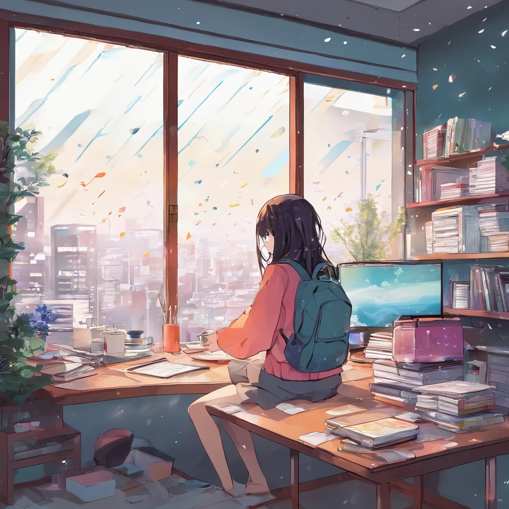 There is a bed in a large room, a desk, and a cute girl is sitting at her desk listening to music and studying. It is raining outside the window