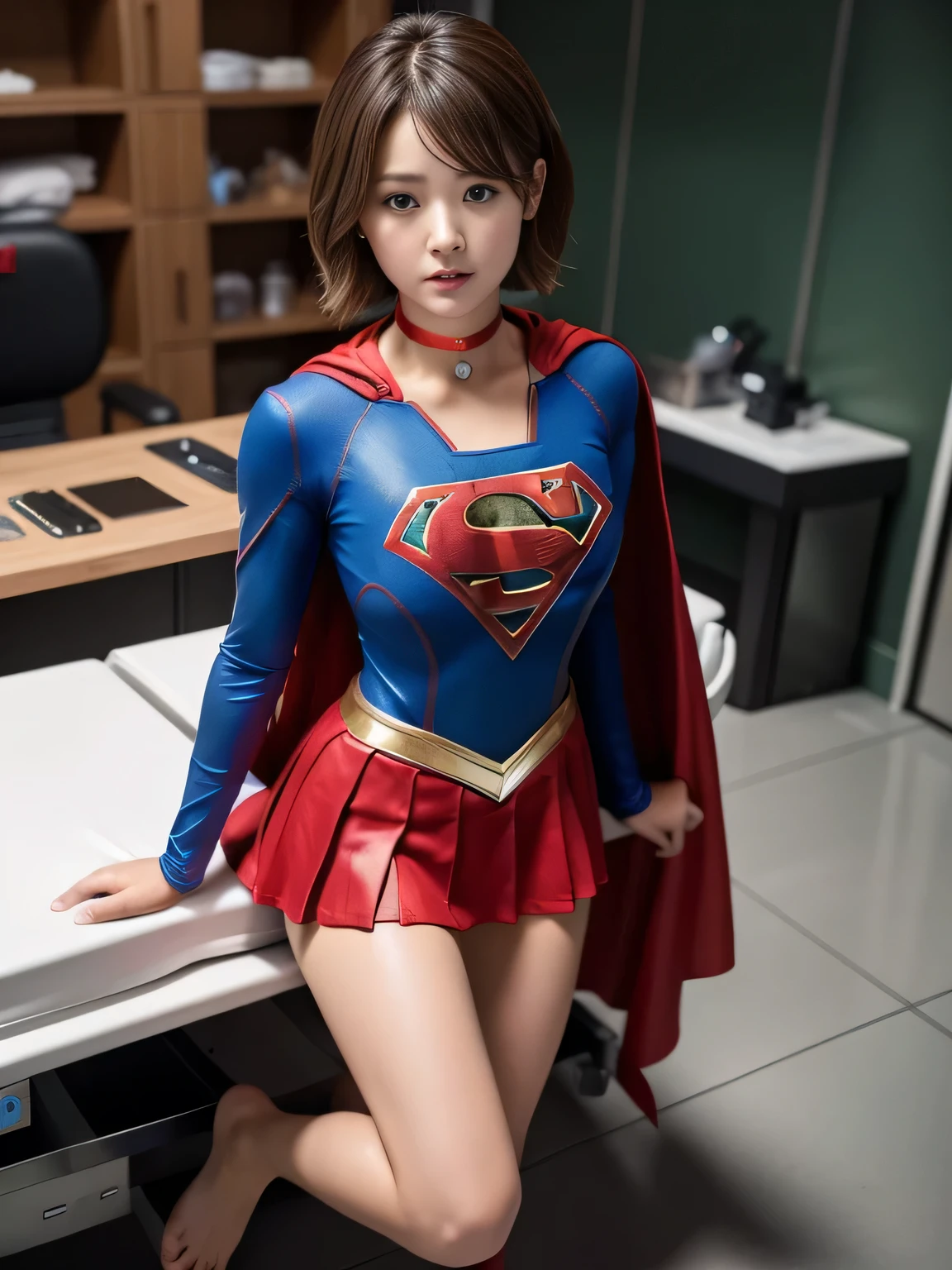 masterpiece、supergirl costume、short hair、barefoot、big and full breasts、operating room、operating table、straddle、Tattered、shiny、look at the camera、Seduce、choker、red mini skirt、long sleeve、Cowgirl、Estrus