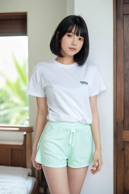 A cute girl before the room wall,asian,white t-shirt,pastel color panty,close up body, black hair,lower body.