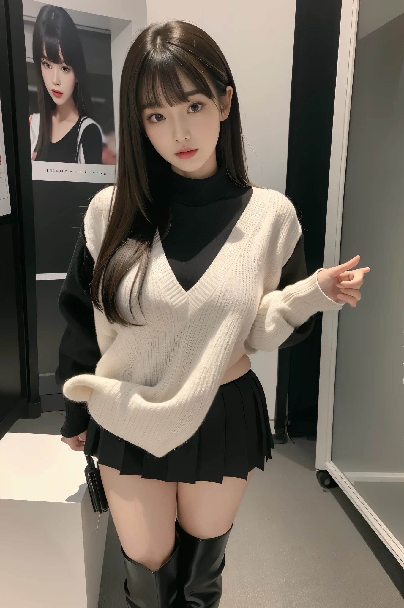 masterpiece, Best Quality, Extremely detailed, (Photorealistic:1.4), (8K, 4K, Best Quality, hight resolution, 超A high resolution:1.1), 8K portrait,Japaese Girl,Plump , announcer,control panels,Blunt bangs,long boots,mini skirt,She is in exhibition hall,promo girl