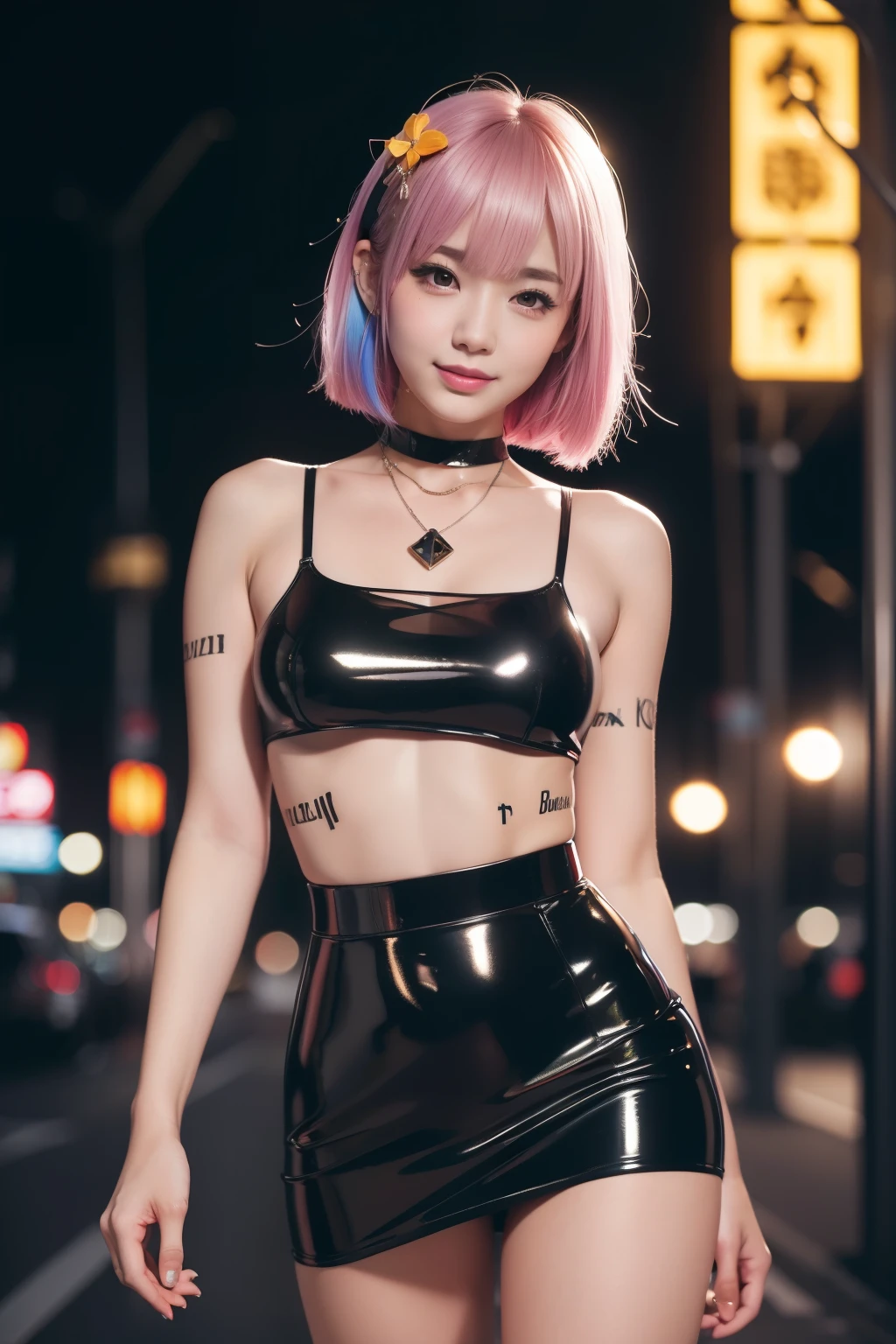 nsfw、female idol、smiling face、full body Esbian、、shiny glossy latex mini skirt（neon fuchsia)、(multicolor short hair)、conceptual art, High quality, Realistic, extremely detailed CG unified 8k wallpaper, highly detailed, High-definition raw color photos, professional photography, Realistic portrait, Cinematic Light, Beautiful detailed, Super Detail, high details, (((Bokeh))), depth of fields, illumination, Neon Street, Super stylish lighting