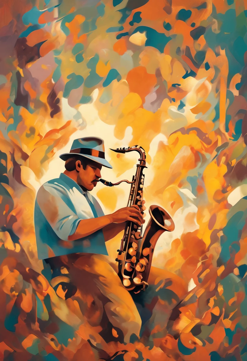 A man wearing a hunting hat energetically plays the saxophone,jazz,