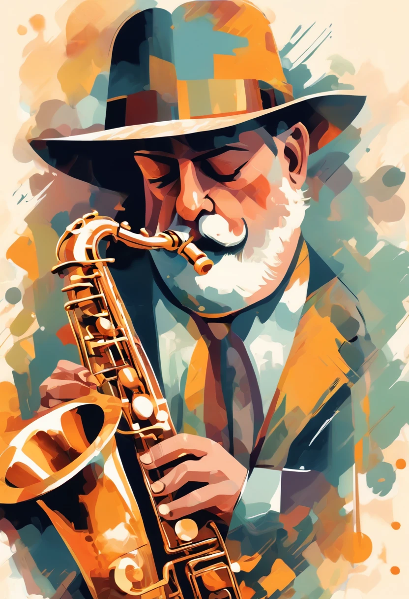 A man wearing a hunting hat energetically plays the saxophone,jazz,