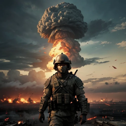 (((Soldier with ghost mask))), ((Upper body selfie)), selfie with his cell phone, (((((distant nuclear explosion))))), (((World War))), (explosion,fire:1.2), (smoke:1.4), (((((desert))))), (RTX) cinematic film shot in 70mm, depth of field, vivid colors, (best quality,ultra-detalhado,Realistic:1.37), (8k, ARTISTIC photography, best quality, masterpiece: 1.2), (realistic, photorealistic: 1.37), over-detailed, (high-detail skin: 1.2), 8k UHD, SLR camera, soft lighting, high quality, film grain, cinematic lighting, photonic display, brightness, physically rendered photo, (dynamic pose ), extremely high-quality graphics, over-detailed face, (((cinematic lighting))), ((clear details)),