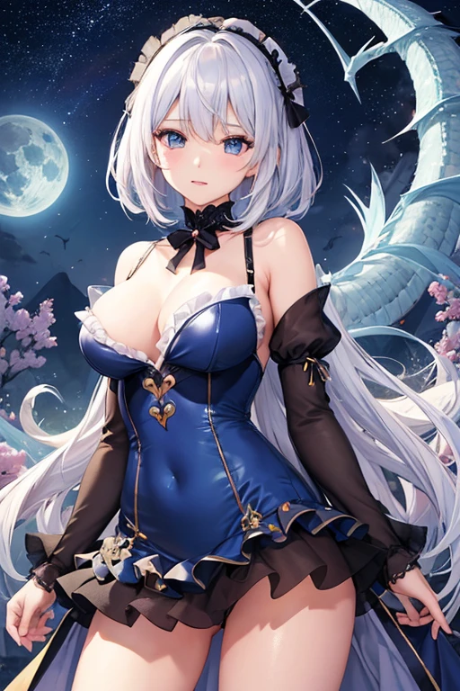 ((masterpiece、Super detailed、intricate details、high quality、An illustration))、dragonと女の子 、18-year-old、155cm、45kg、C cup、beautiful girl、Magical girl((short cut slim body、A body with no slack at all、silver hair、platinum blonde、odd eye、Black eyes、blue eyes、Rin々new expression))、(rainbow colored leotard dress、sheer ruffle leotard dress、Sheer skirt、Frilled ribbon on the chest、large ribbon on the back)beautifully、be familiar with、risky、whole body、See-through、has a blue sword、full moon、moonlight、Cleavage is exposed、dragon((dragonに乗っている、dragonの頭の上に立っている、Dragon Knight、神秘的なdragon、勇ましいdragon、dragonの頭の上に立つ少女、少女を頭に乗せるdragon、咆哮するdragon))Overall image、whole body、View from a distance、dragonの顔、firmament、night sky、dragonと少女が共に在る