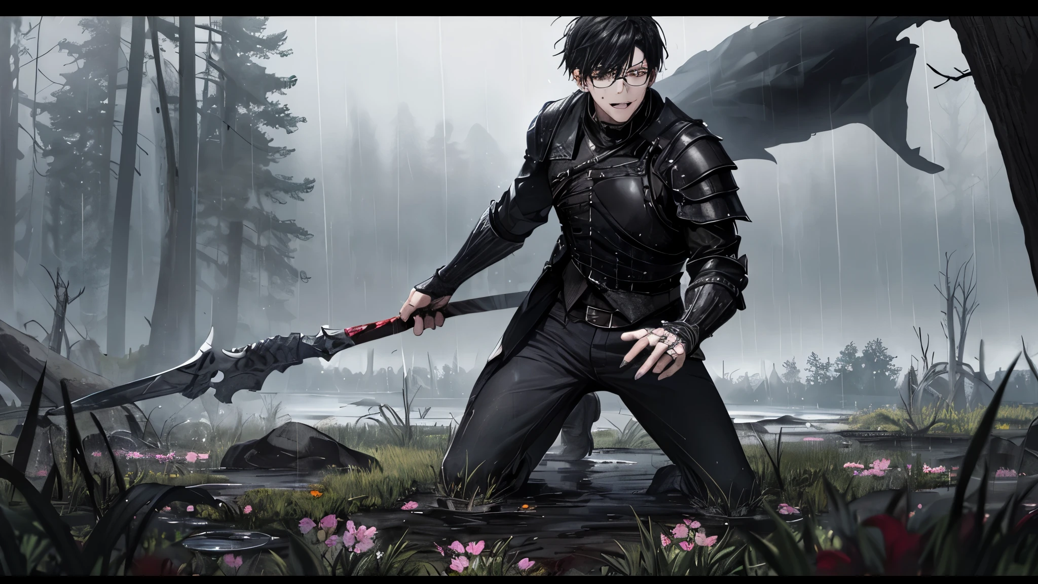1 guy, black jeans, in black armor, press, Thin, pale, rings on fingers, black nails, Glasses, black hair, sporty, Glass eyes, cinematic lighting, Blur background, Best quality, Brown eyes, Laugh, On the battlefield, swamp, Blood, axe, dead, Weapon, dead tree, water, screams, Blood, rain, dark sky with clouds, Wet, trees, Herbage, flowers, water, mud,