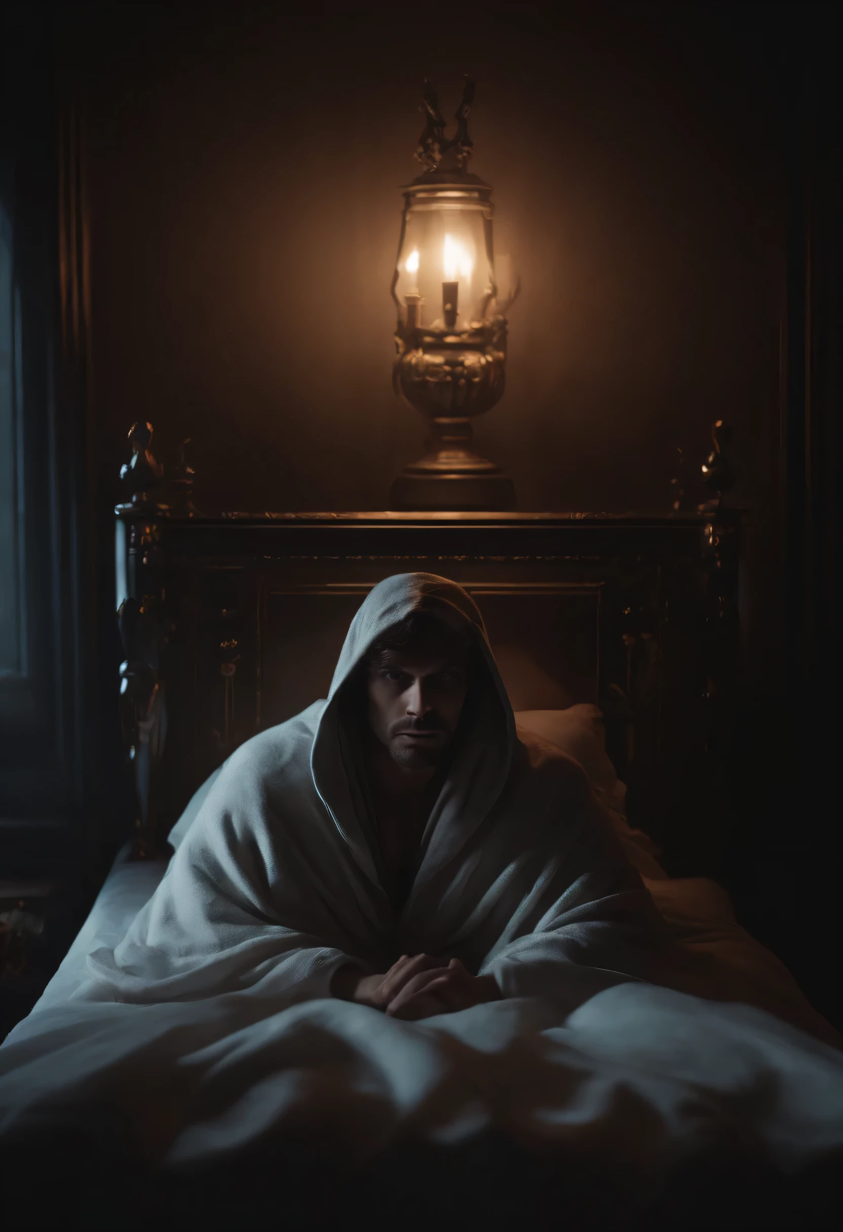 there is a terrified man in a bed bed with a blanket and a lamp in a dark room,, featured on zbrush central, romanticism, realistic 8k , baroque vaporwave , alexey egorov, classical statue, dark vignette, dishonored aesthetic, dark aesthetic, another man in a hood standing next to bed