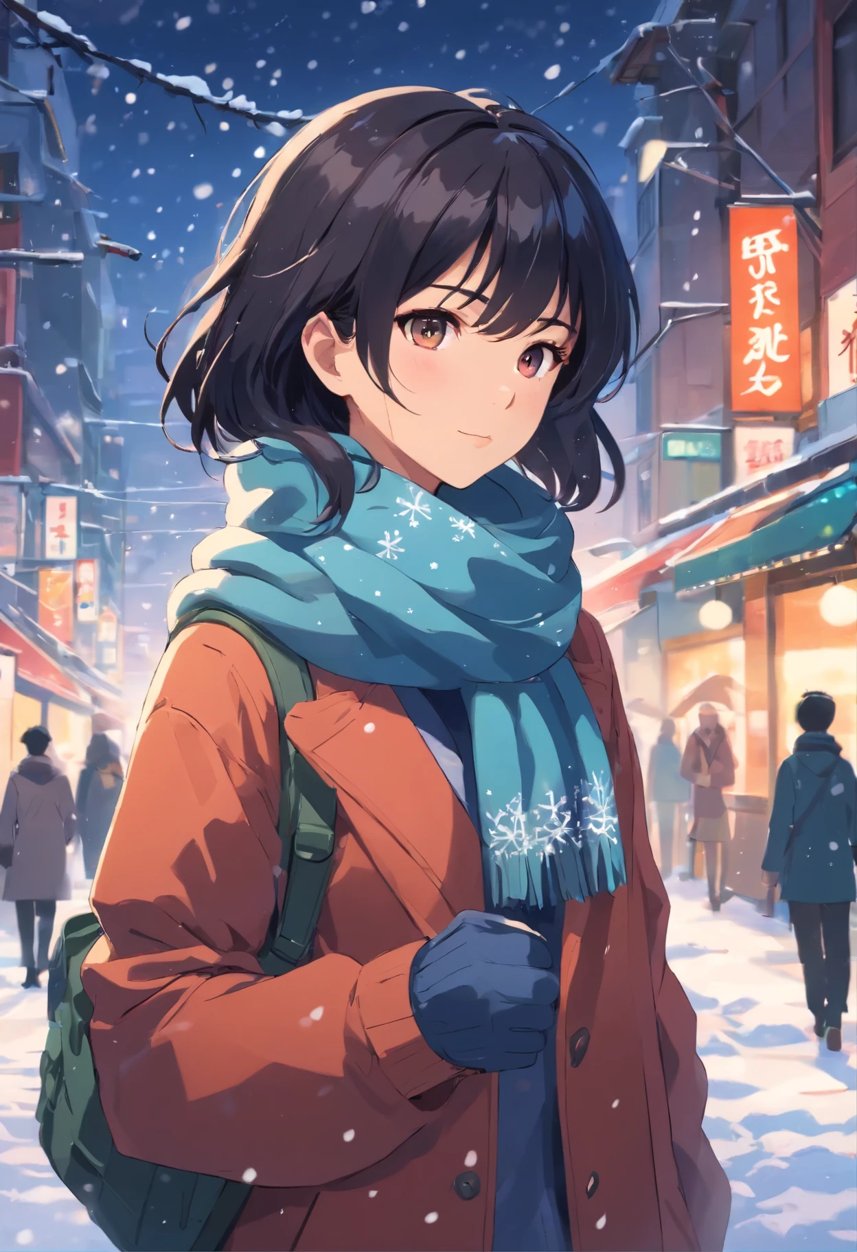 japanese girl, It's snowing, black hair, eyes reflecting the snow, warm wool scarf, warm earth colors, Standing in the city, one hand is touching your hair, Wind, Live-action background, masterpiece, highest quality,, official art, Professional, unity 8k wallpaper