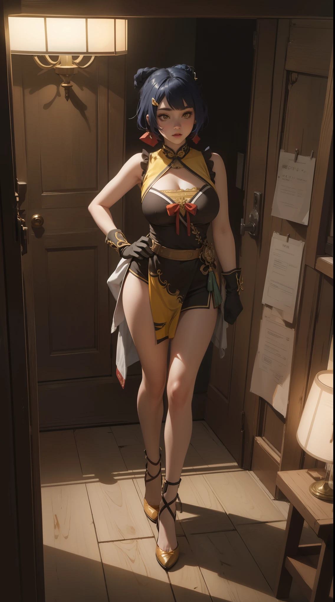 xiangling \(genshin impact\),1girl,blue hair, short hair, thick eyebrows, hairclip, hair rings, braid, yellow eyes, (Beautiful,Huge_Breasts:1.5),
BREAK
, 1girl, solo, Standing in the garden, full body, full figure,
BREAK
, Garden,
BREAK
, bow,glove, chinese clothes, sleeveless, bare shoulders, pelvic curtain, belt,
BREAK
, official art, extremely detailed CG unity 8k wallpaper, perfect lighting, Colorful, (best_quality:1.0), ultra high res,4K, ultra-detailed, 8K, HDR, high resolution, absurdres:1.2, film grain, blurry background, (vibrant_color:1.2), (narrow waist),
BREAK
, medium: oil painting, atmospheric lighting, dreamy color palette, detailed interior decoration, quiet and peaceful ambiance,
BREAK
, (best quality,4k,8k,highres,masterpiece:1.2), ultra-detailed,