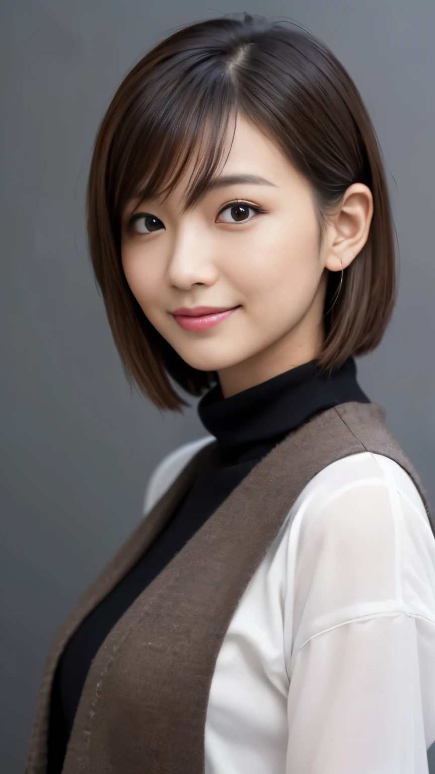 (8K, highest quality, masterpiece, realistic, ultra detail, photo realistic, Improvement of quality, forward lighting:1.5, looking at the viewer:1.5, gray background, professional lighting), 28-year-old woman in Japan, Charming detective assistant, (length:1.2), intellectual, facial expression, shining eyes, slim body shape, Passionate attitude, Strong sense of responsibility, Stylish appearance, confident smile, Professional atmosphere, Dark brown hair color, Medium height, intellectualなドレス, Knowledgeable impressions,