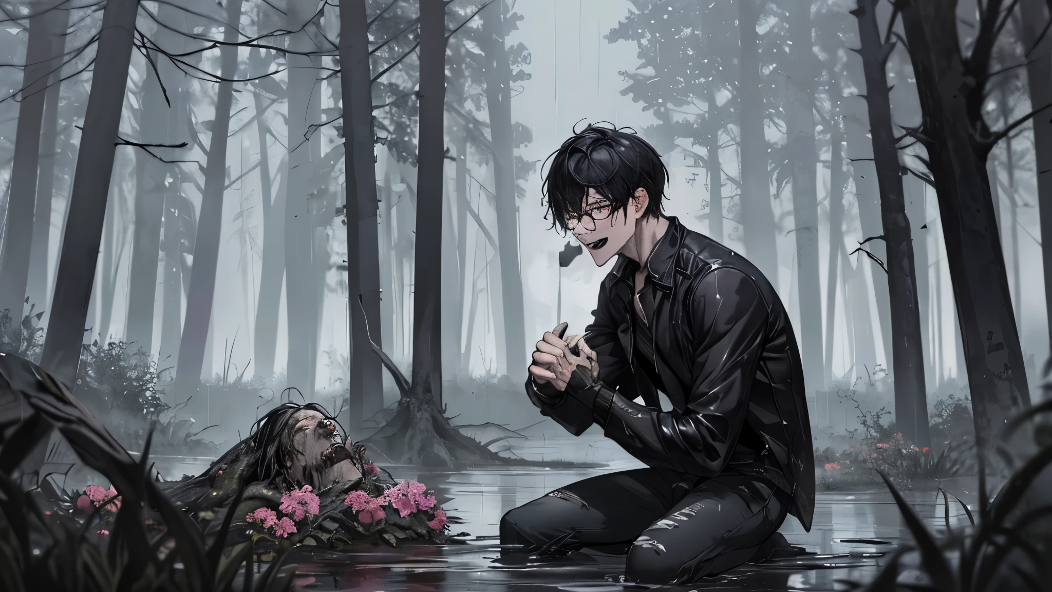 1 guy, black jeans, in black armor, press, Thin, pale, rings on fingers, black nails, Glasses, black hair, sporty, Glass eyes, cinematic lighting, Blur background, Best quality, Brown eyes, Laugh, On the battlefield, swamp, Blood, axe, dead, Weapon, dead tree, water, screams, Blood, rain, dark sky with clouds, Wet, trees, Herbage, flowers, water, mud, naked torso,