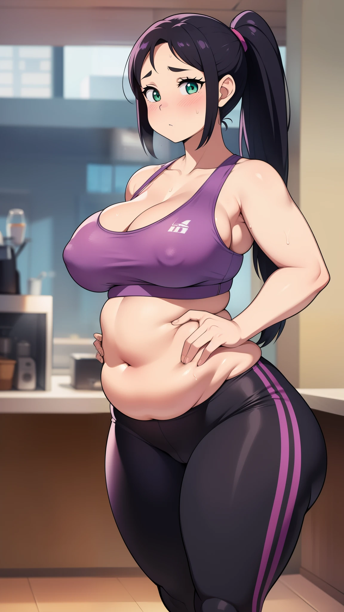 ((high res)), (Masterpiece), perfect anatomy, perfect shading, field of depth, (best quality), extremely delicate and beautiful, perfect lighting, detailed face, ultra cute face, cute, (cowboy shot 1.2), looking at viewer, full body, ((1girl)), ((solo)),

long hair, pony tail, black hair, green eyes, (((blush))), embarrassed, sweating, out of breath, (sports bra 1.2), (yoga pants1.2), extremely tight clothes, large breasts, cleavage, perky breasts, (wide hips), (((thick thighs))), (plump), chubby belly

coffee shop, intricate background, detailed background, standing, hand on hip, belly grab,